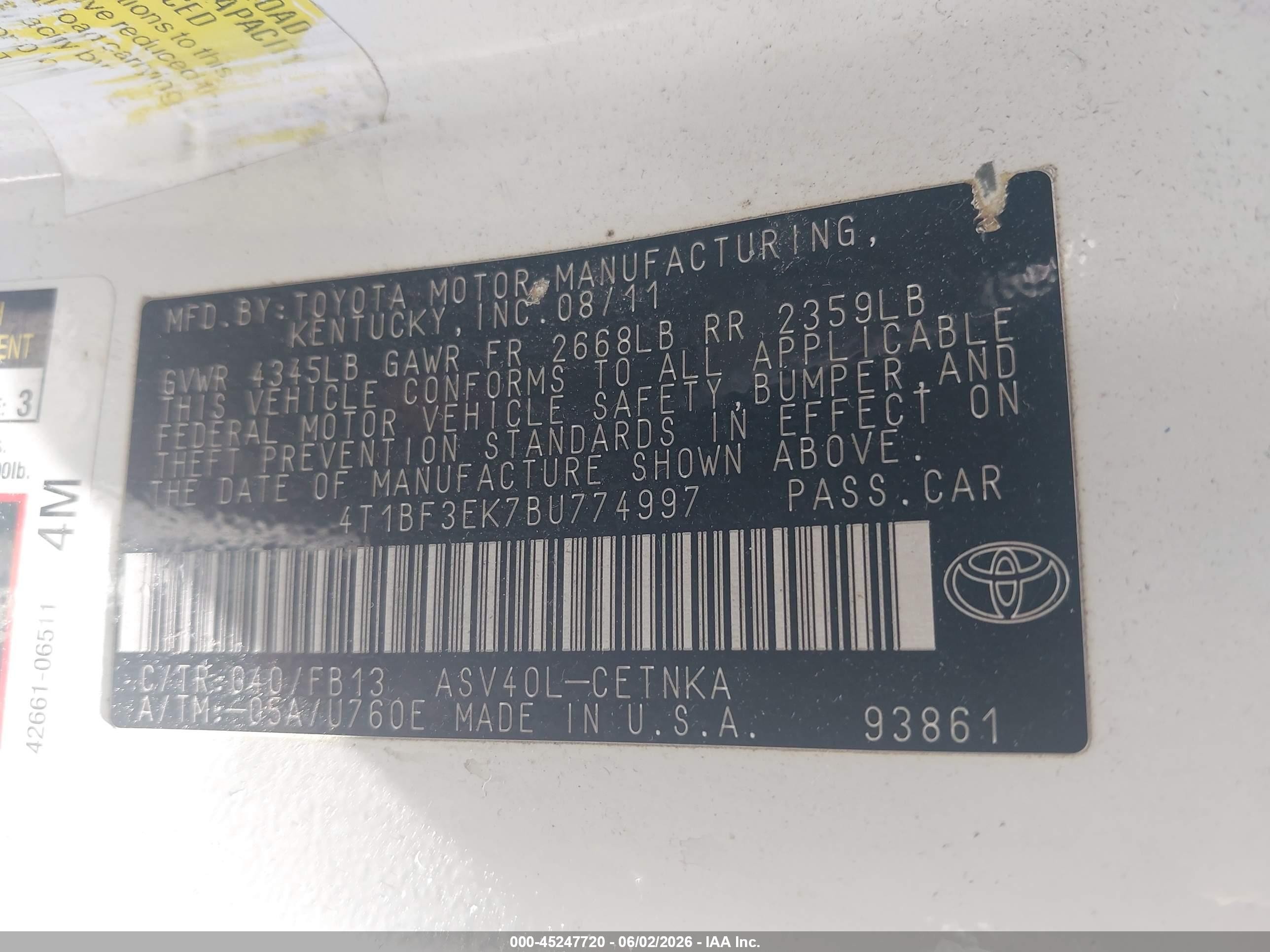 2011 Toyota Camry Le White vin: 4T1BF3EK7BU774997