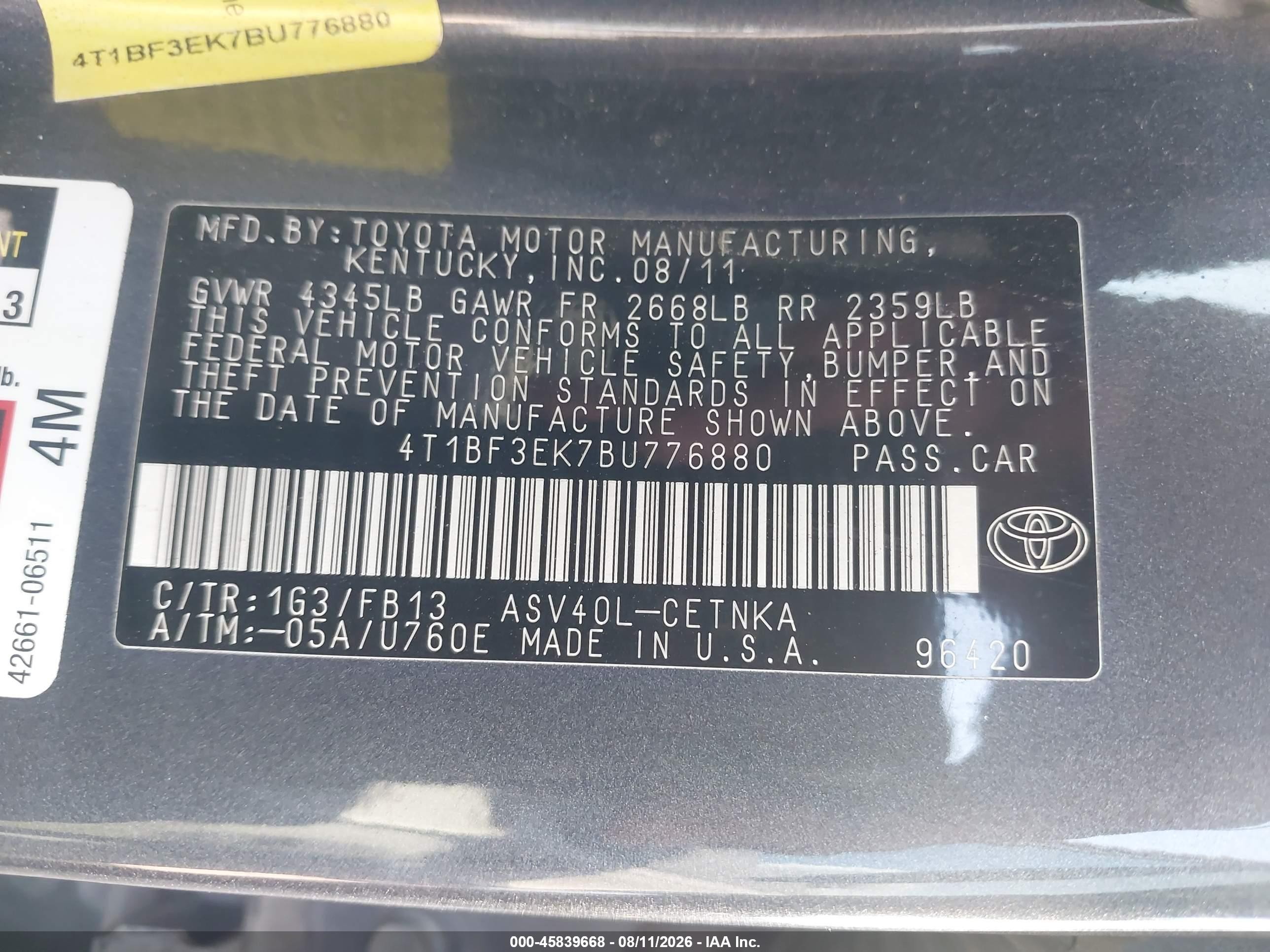 2011 Toyota Camry Le Gray vin: 4T1BF3EK7BU776880