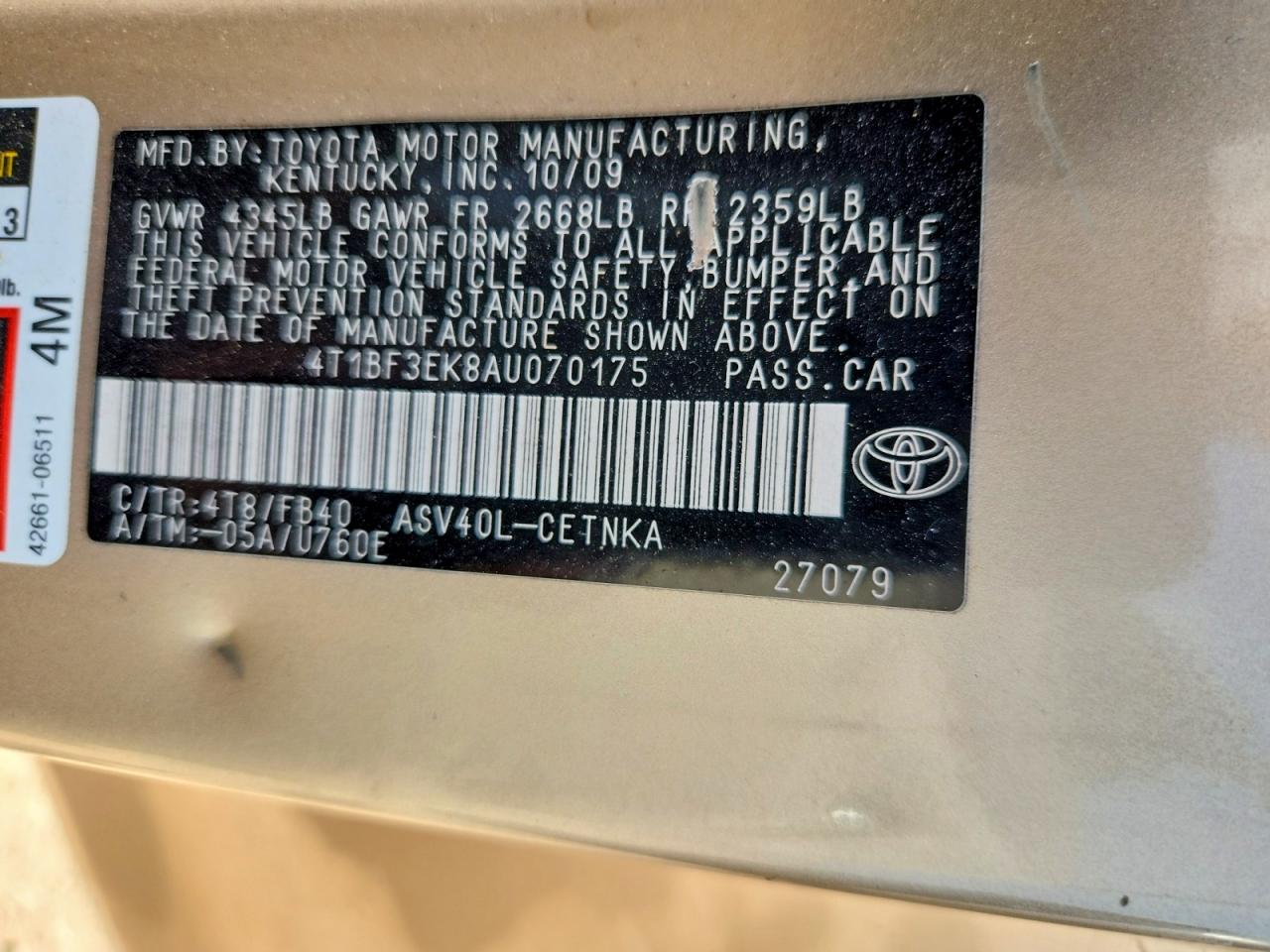 2010 Toyota Camry Le Beige vin: 4T1BF3EK8AU070175