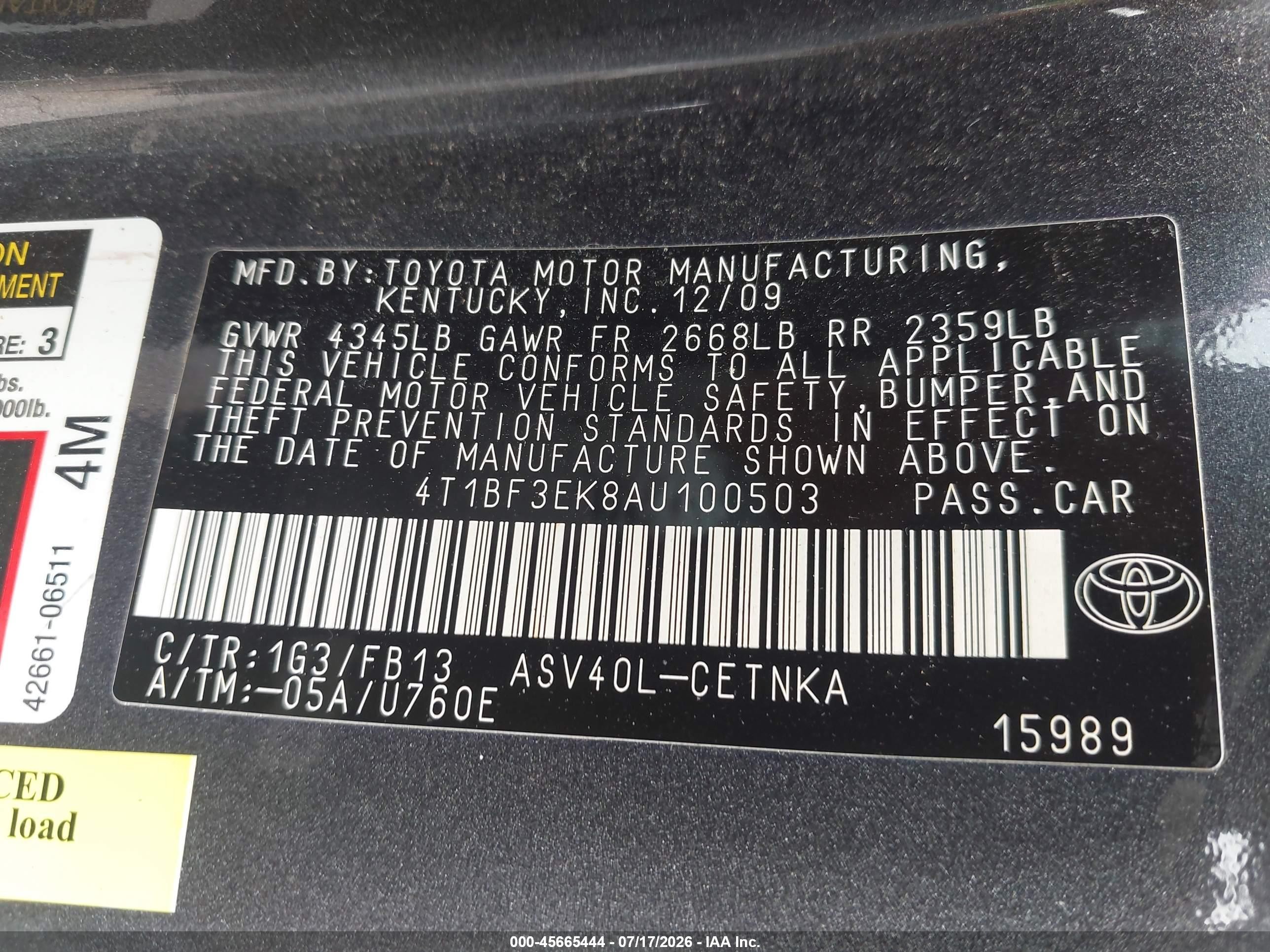 2010 Toyota Camry Le Gray vin: 4T1BF3EK8AU100503