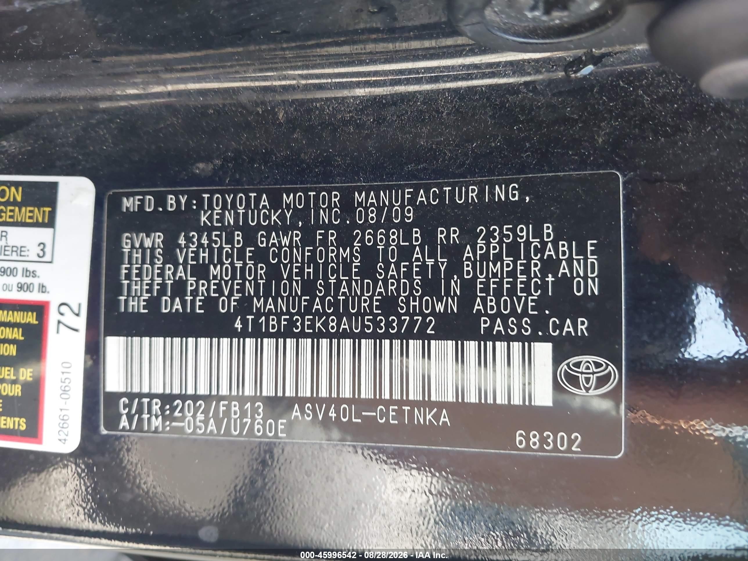2010 Toyota Camry Le Black vin: 4T1BF3EK8AU533772