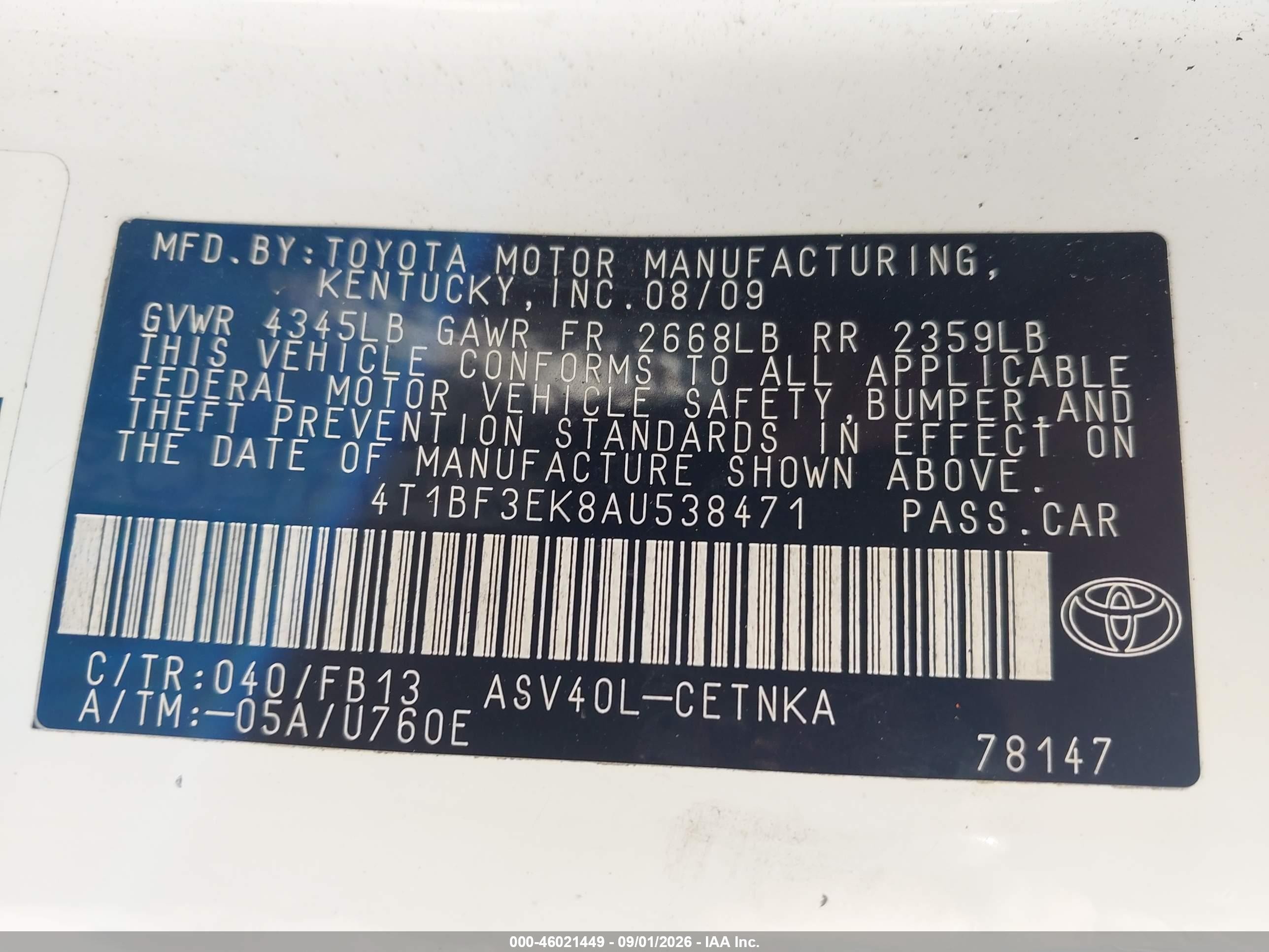 2010 Toyota Camry Le Белый vin: 4T1BF3EK8AU538471