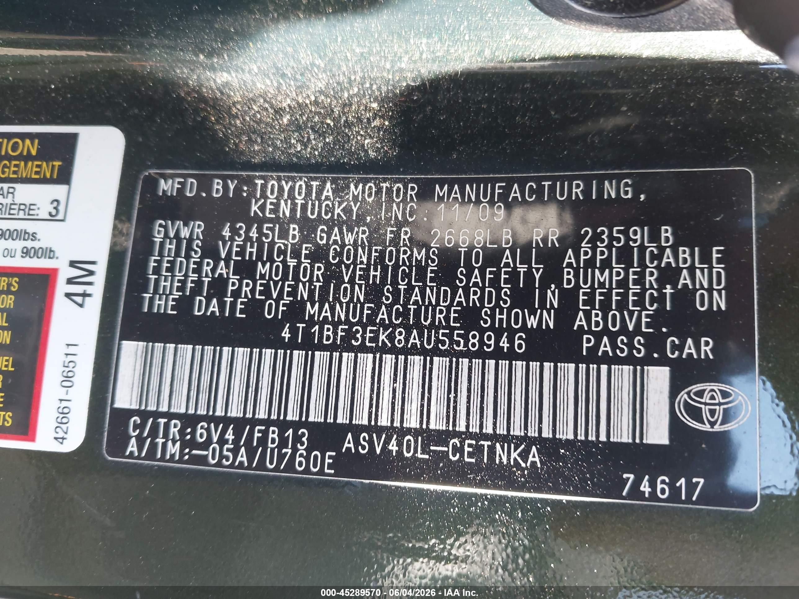 2010 Toyota Camry Le Green vin: 4T1BF3EK8AU558946