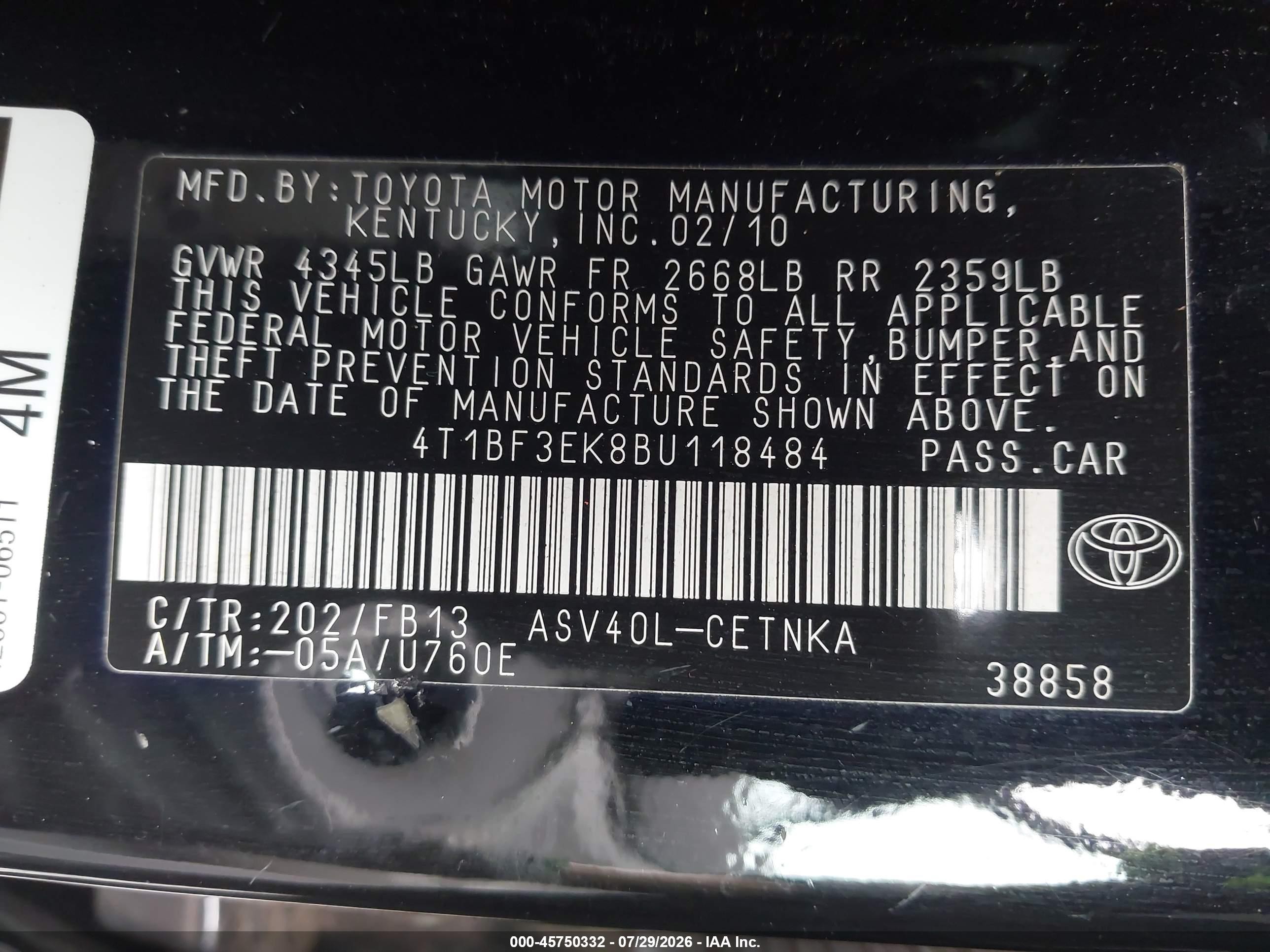 2011 Toyota Camry Le Black vin: 4T1BF3EK8BU118484