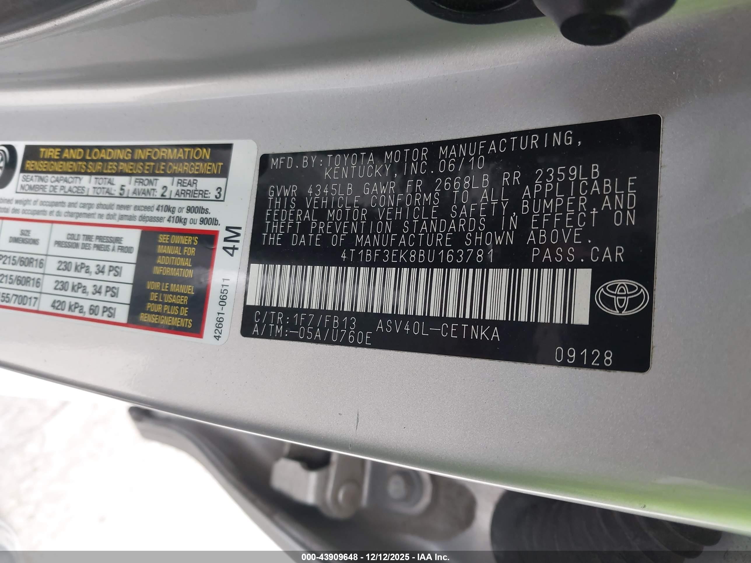 2011 Toyota Camry Le Серебряный vin: 4T1BF3EK8BU163781