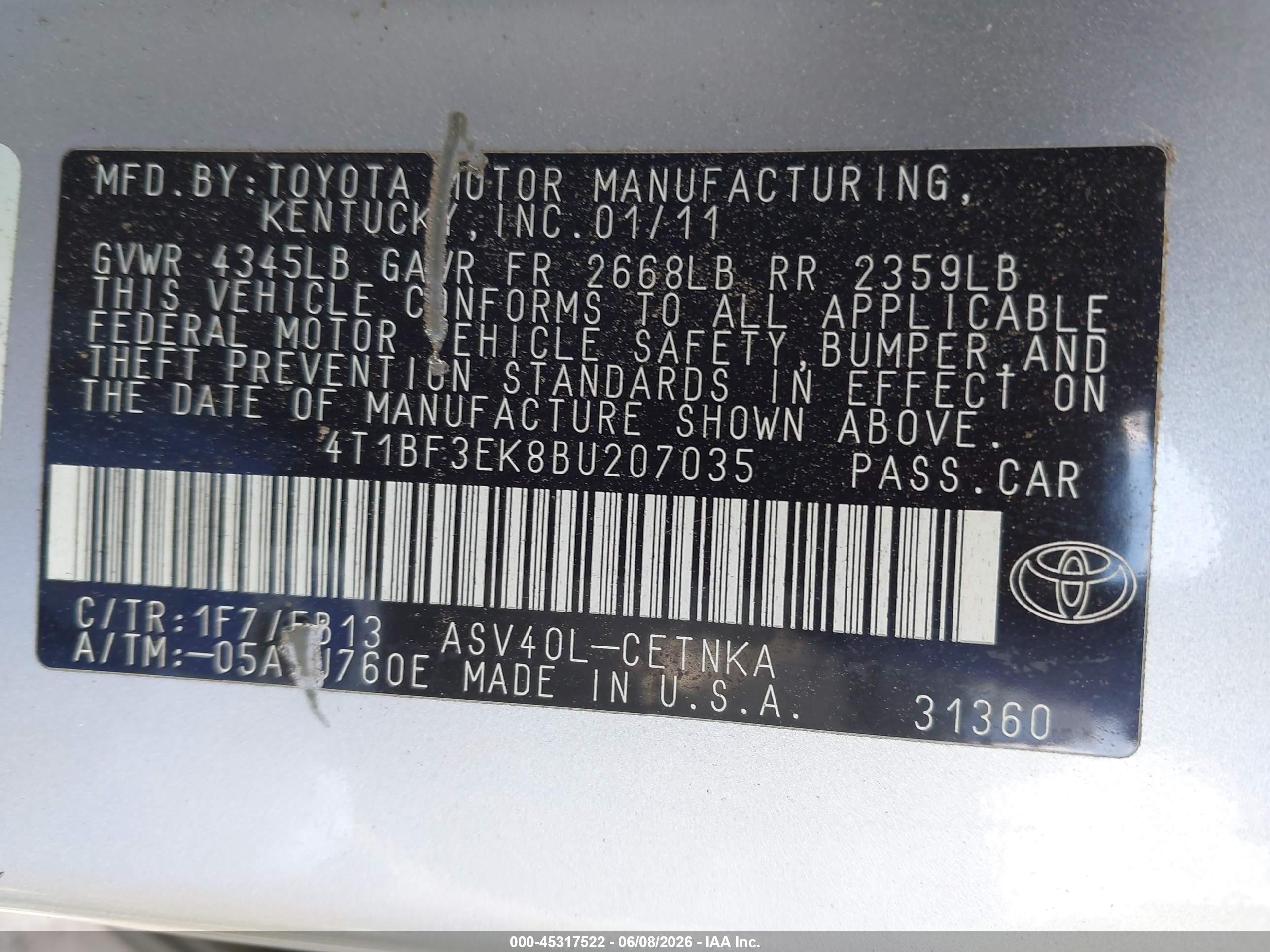 2011 Toyota Camry Le Silver vin: 4T1BF3EK8BU207035