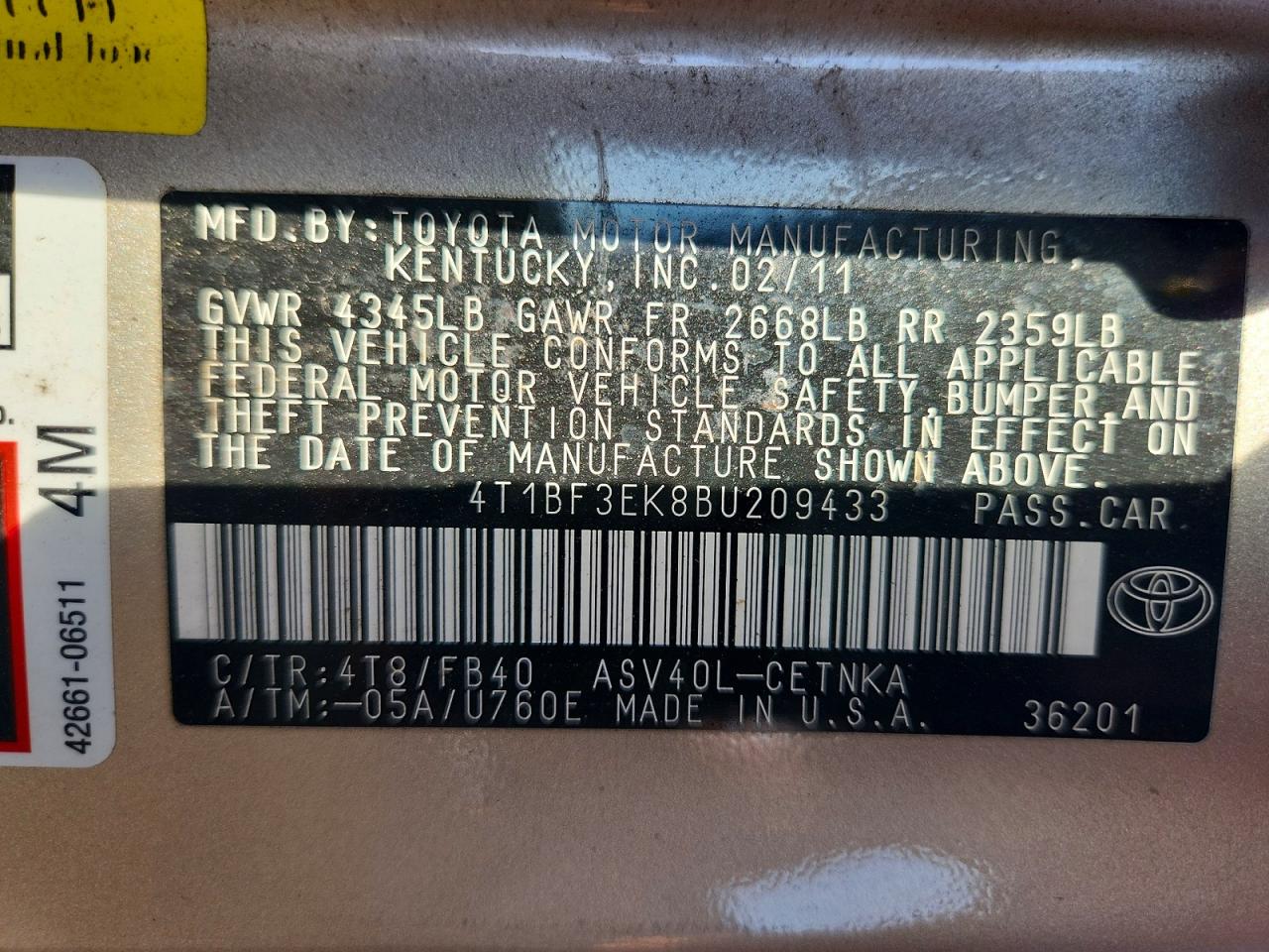 2011 Toyota Camry Le Gold vin: 4T1BF3EK8BU209433
