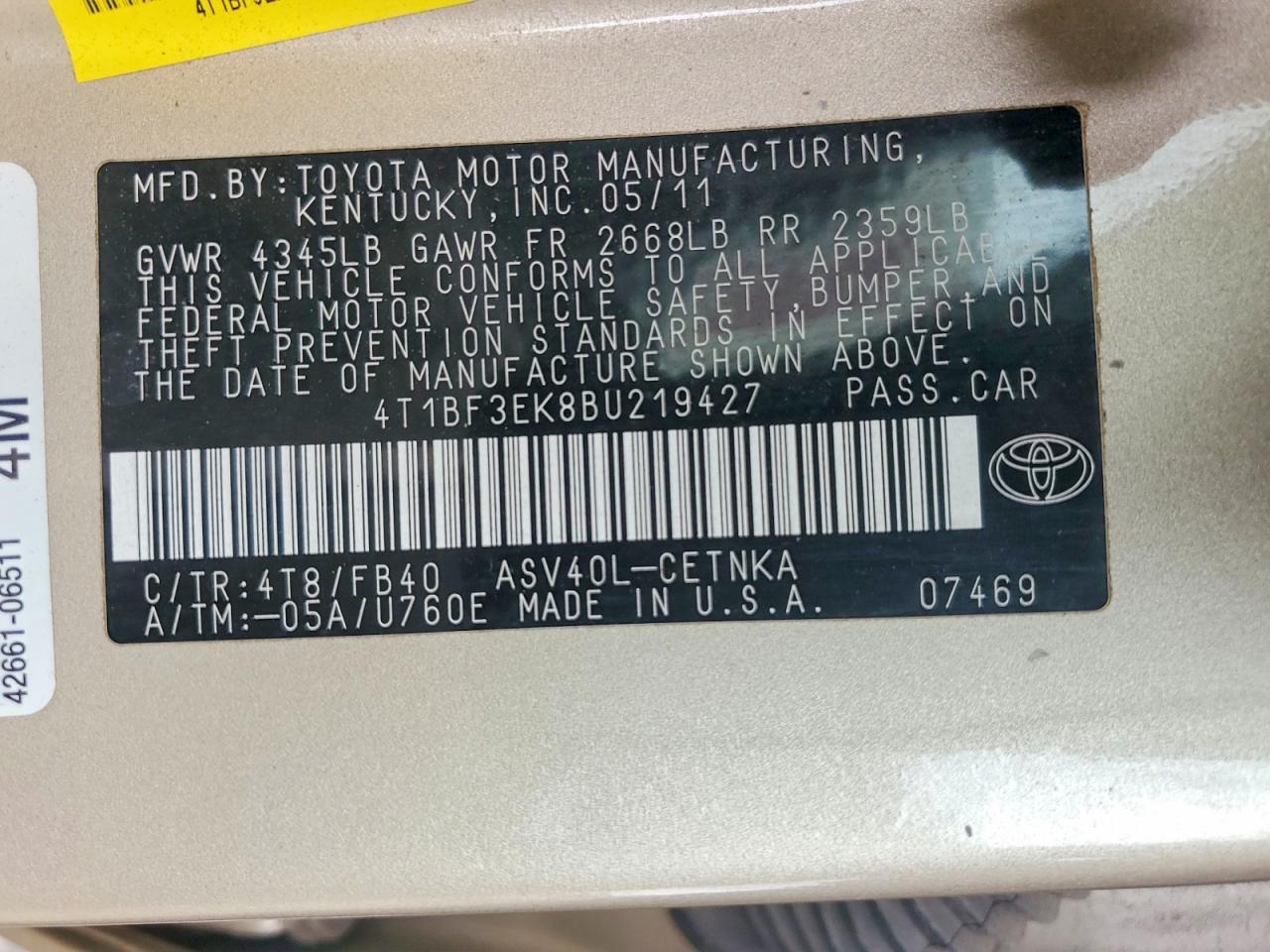 2011 Toyota Camry Automatic Gold vin: 4T1BF3EK8BU219427