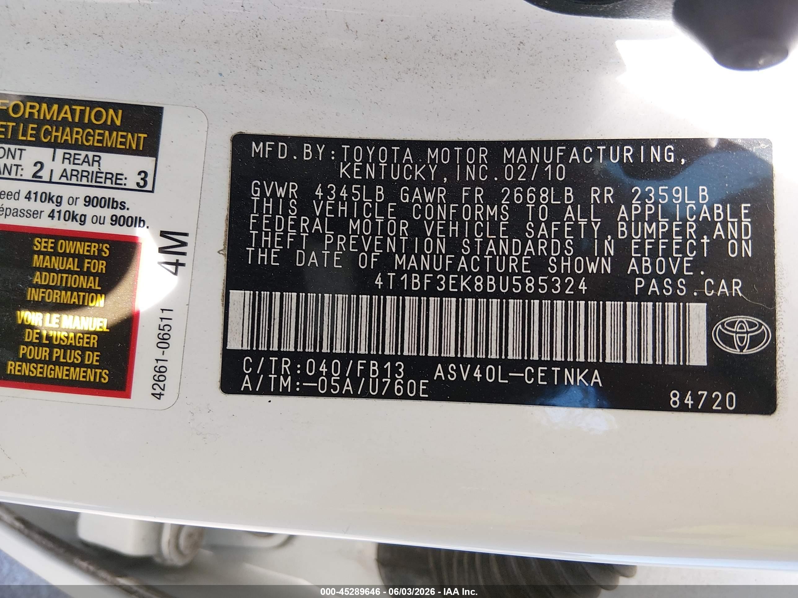 2011 Toyota Camry Le White vin: 4T1BF3EK8BU585324