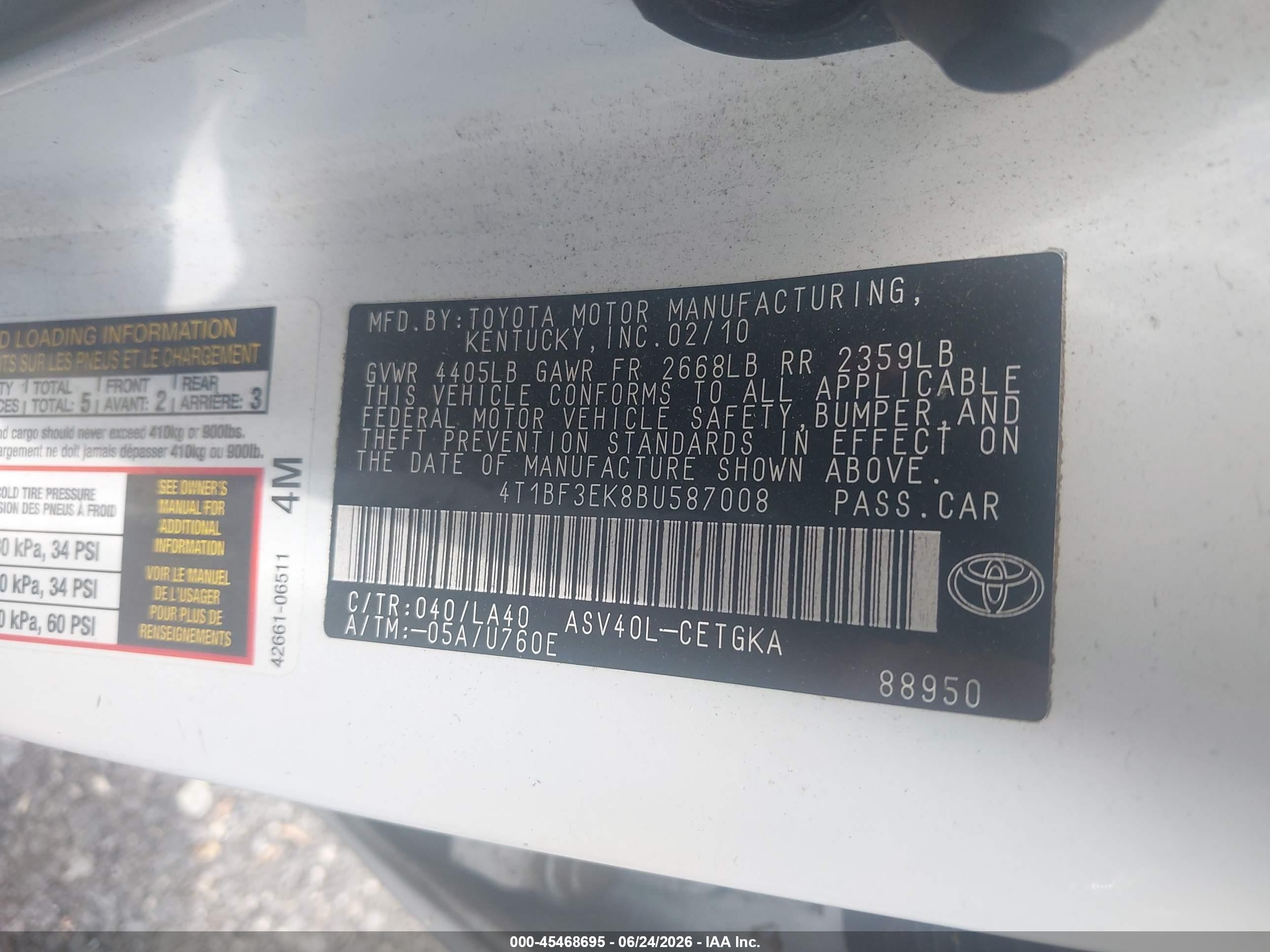 2011 Toyota Camry Xle White vin: 4T1BF3EK8BU587008