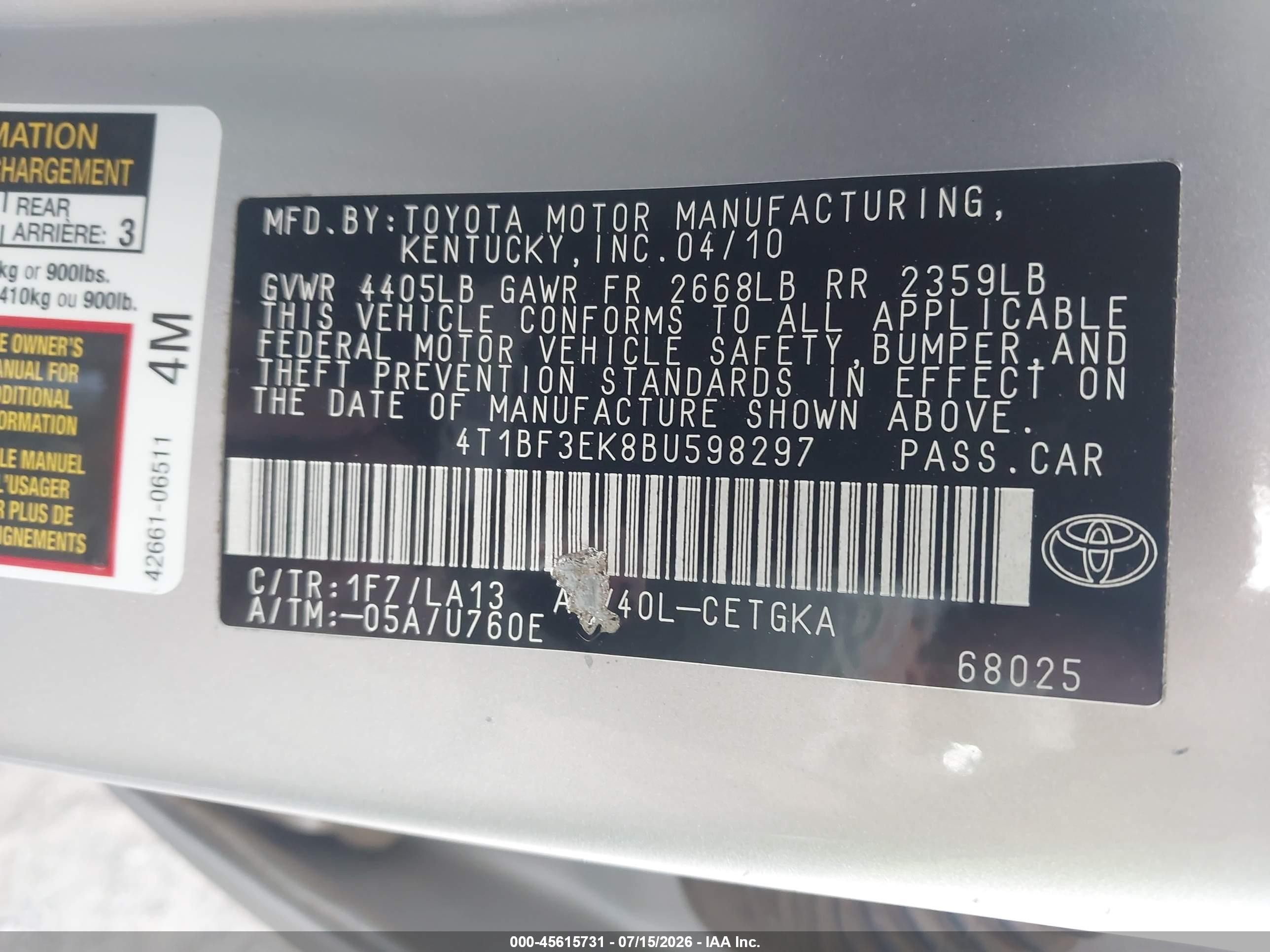 2011 Toyota Camry Xle Silver vin: 4T1BF3EK8BU598297