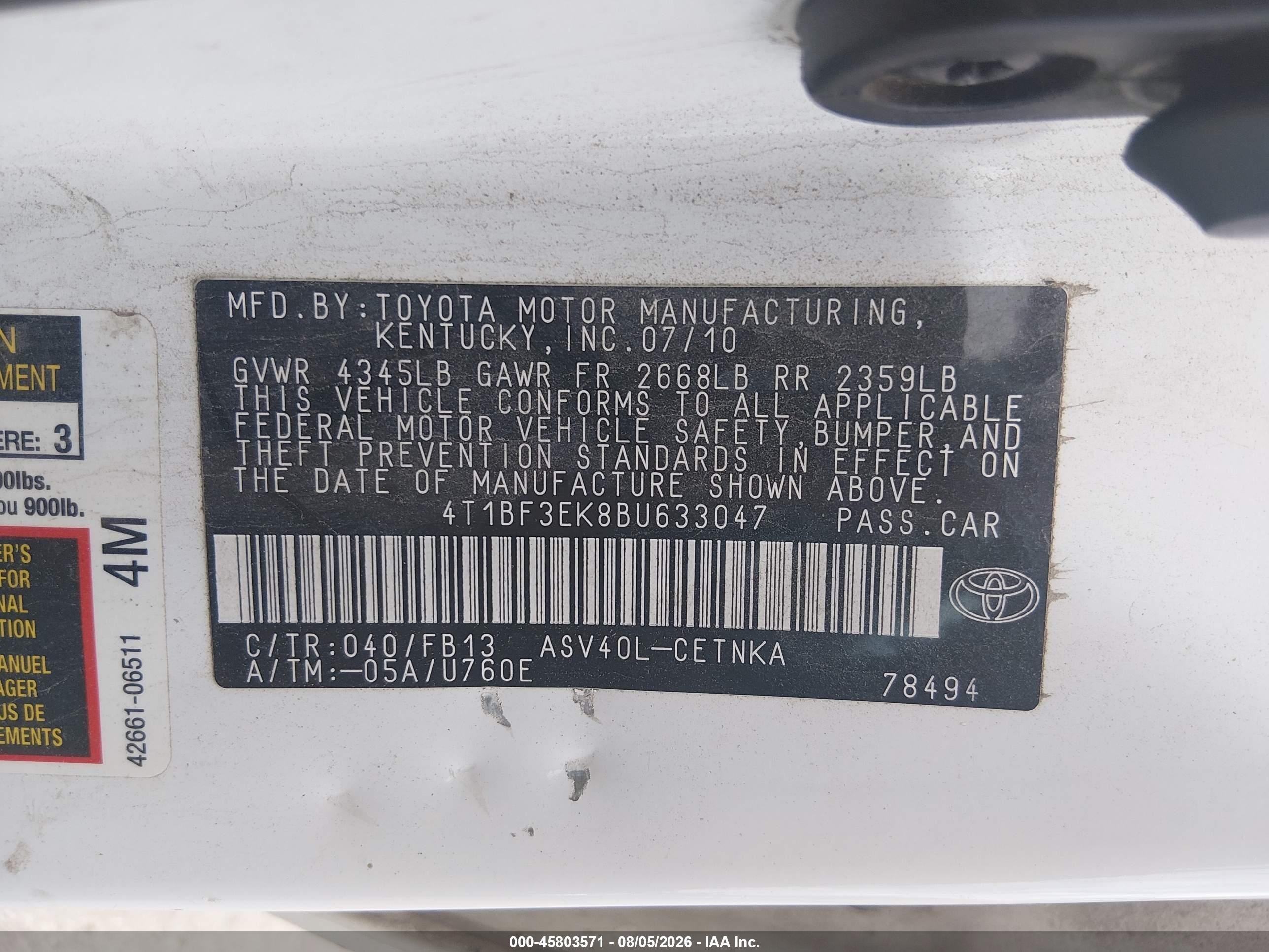 2011 Toyota Camry Le White vin: 4T1BF3EK8BU633047