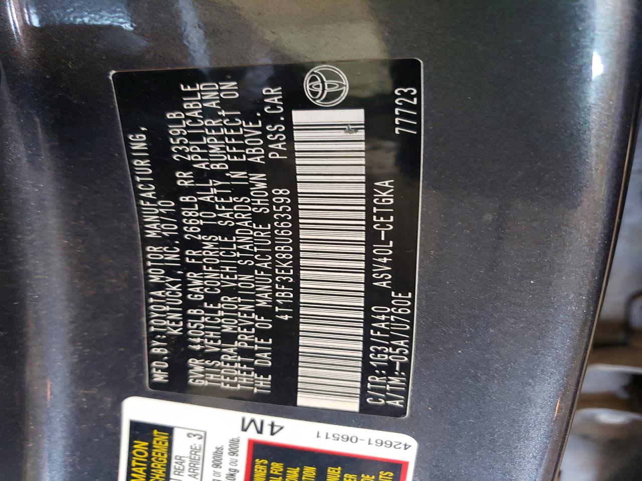 2011 Toyota Camry Xle Gray vin: 4T1BF3EK8BU663598
