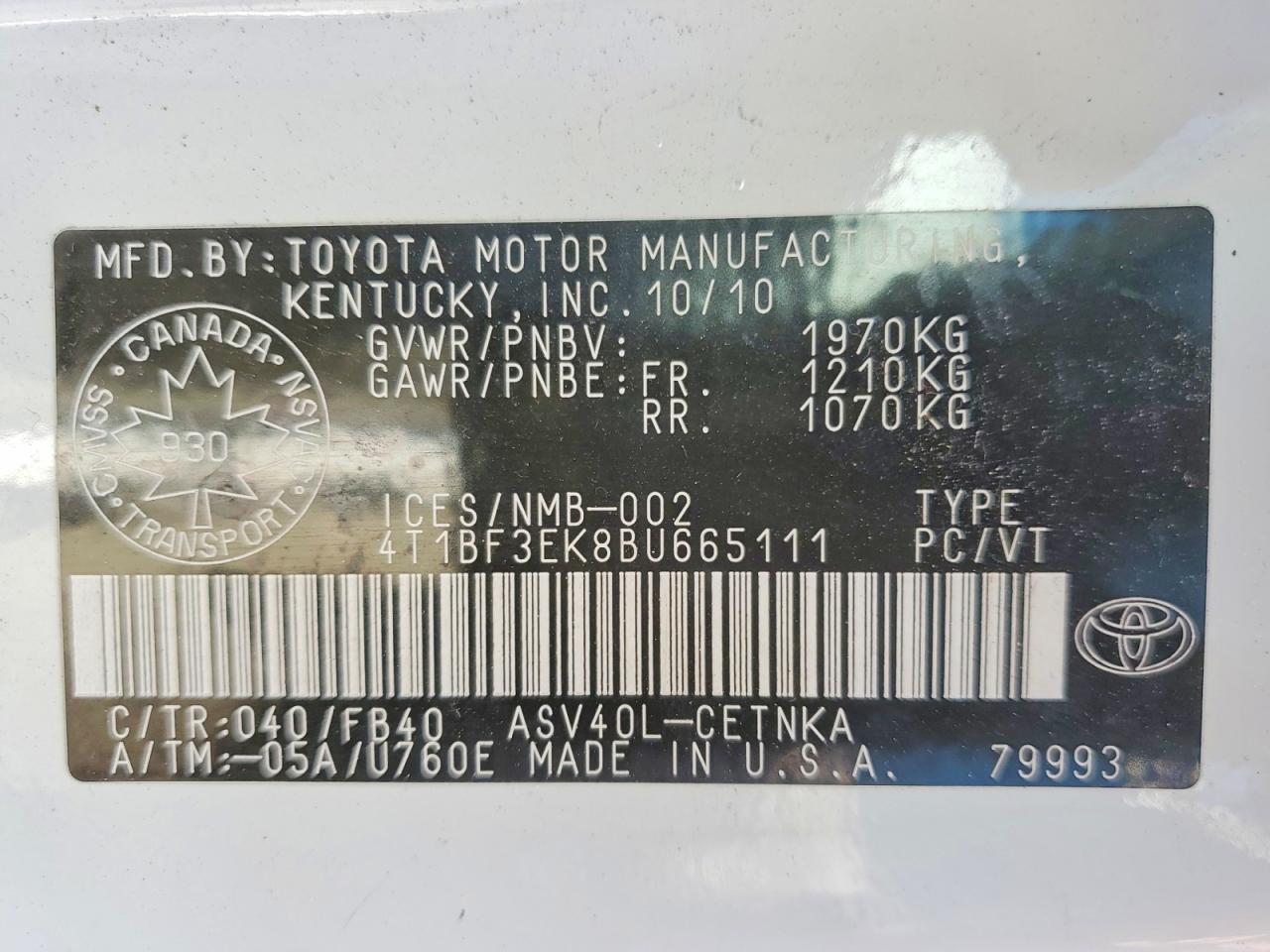2011 Toyota Camry Base White vin: 4T1BF3EK8BU665111