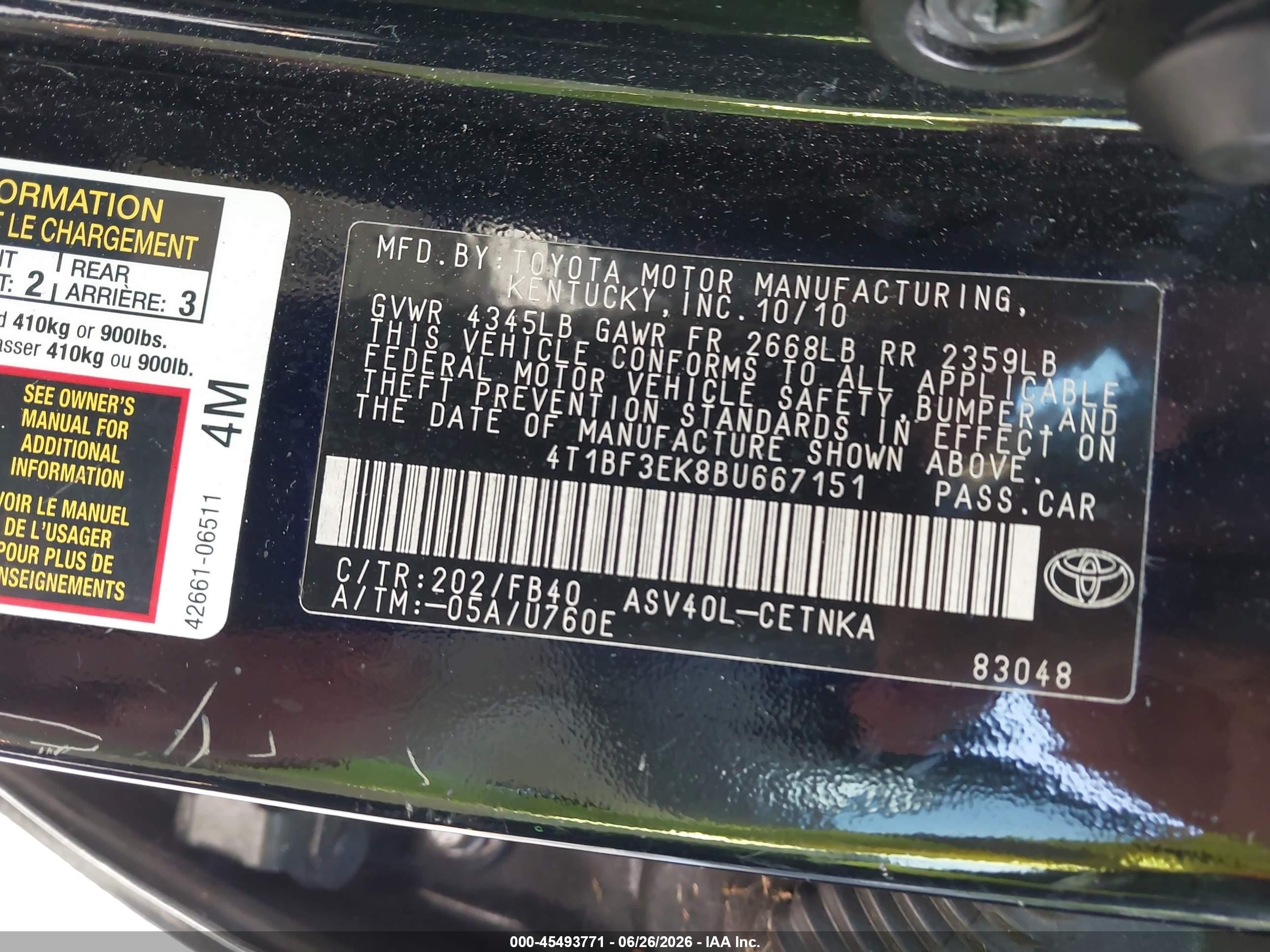 2011 Toyota Camry   Black vin: 4T1BF3EK8BU667151
