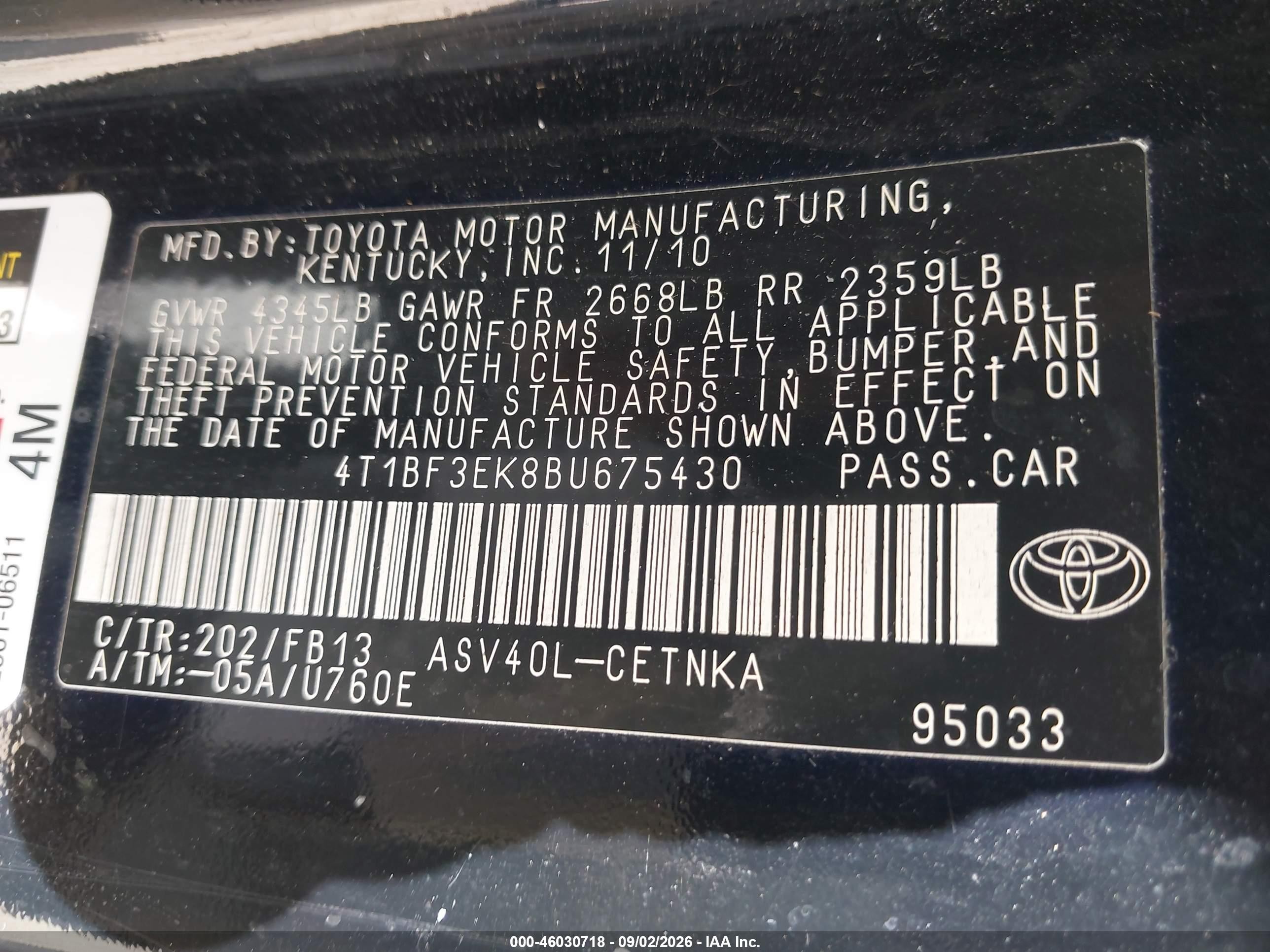 2011 Toyota Camry   Black vin: 4T1BF3EK8BU675430