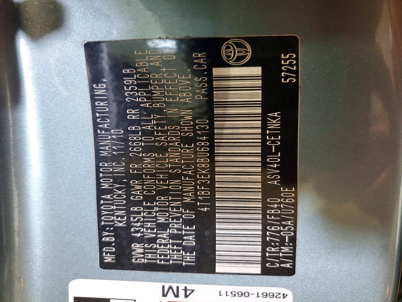 2011 Toyota Camry Le Teal vin: 4T1BF3EK8BU684130