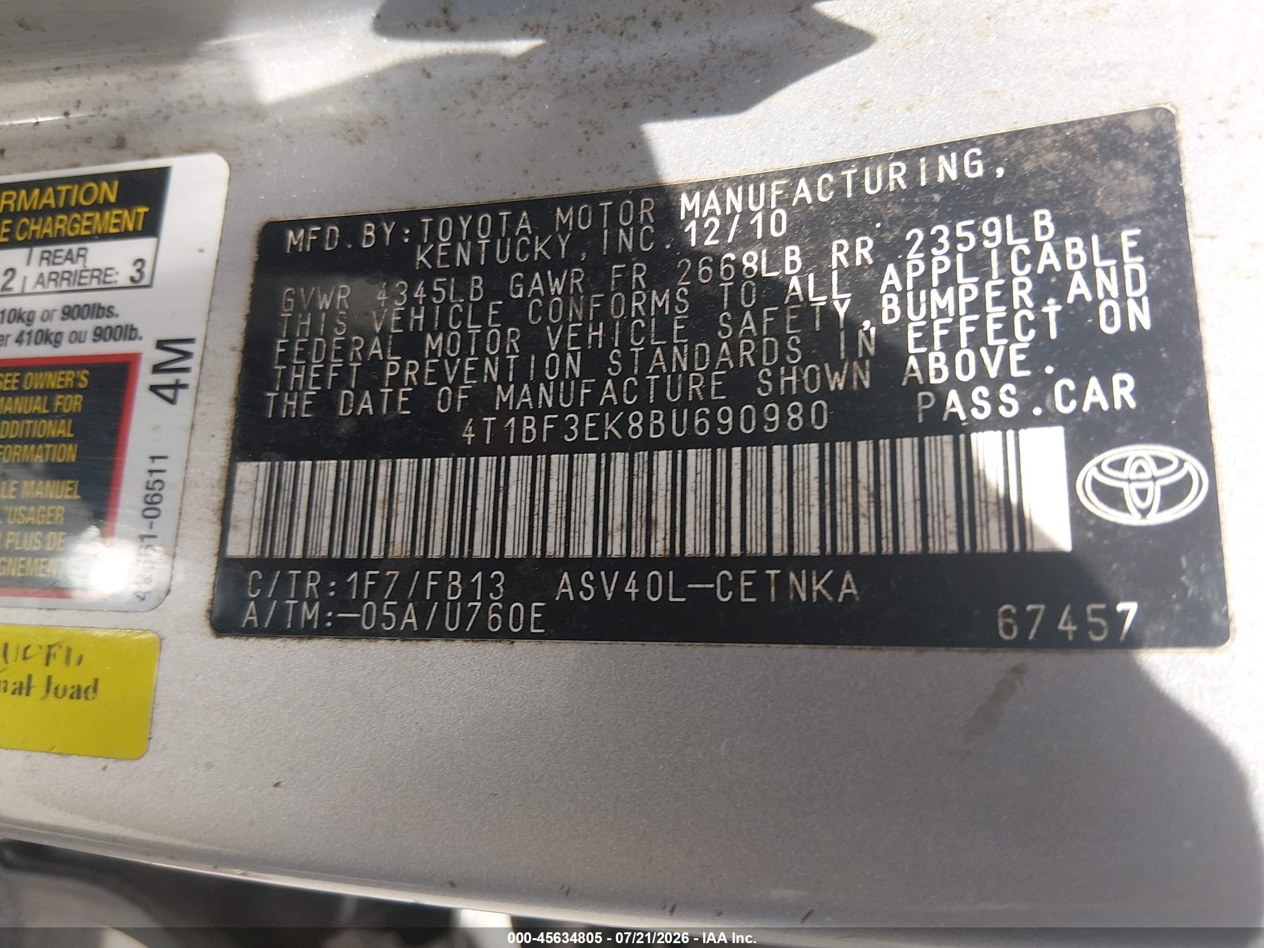 2011 Toyota Camry   Серебряный vin: 4T1BF3EK8BU690980