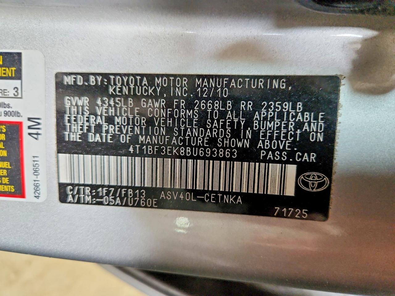 2011 Toyota Camry Le Gray vin: 4T1BF3EK8BU693863