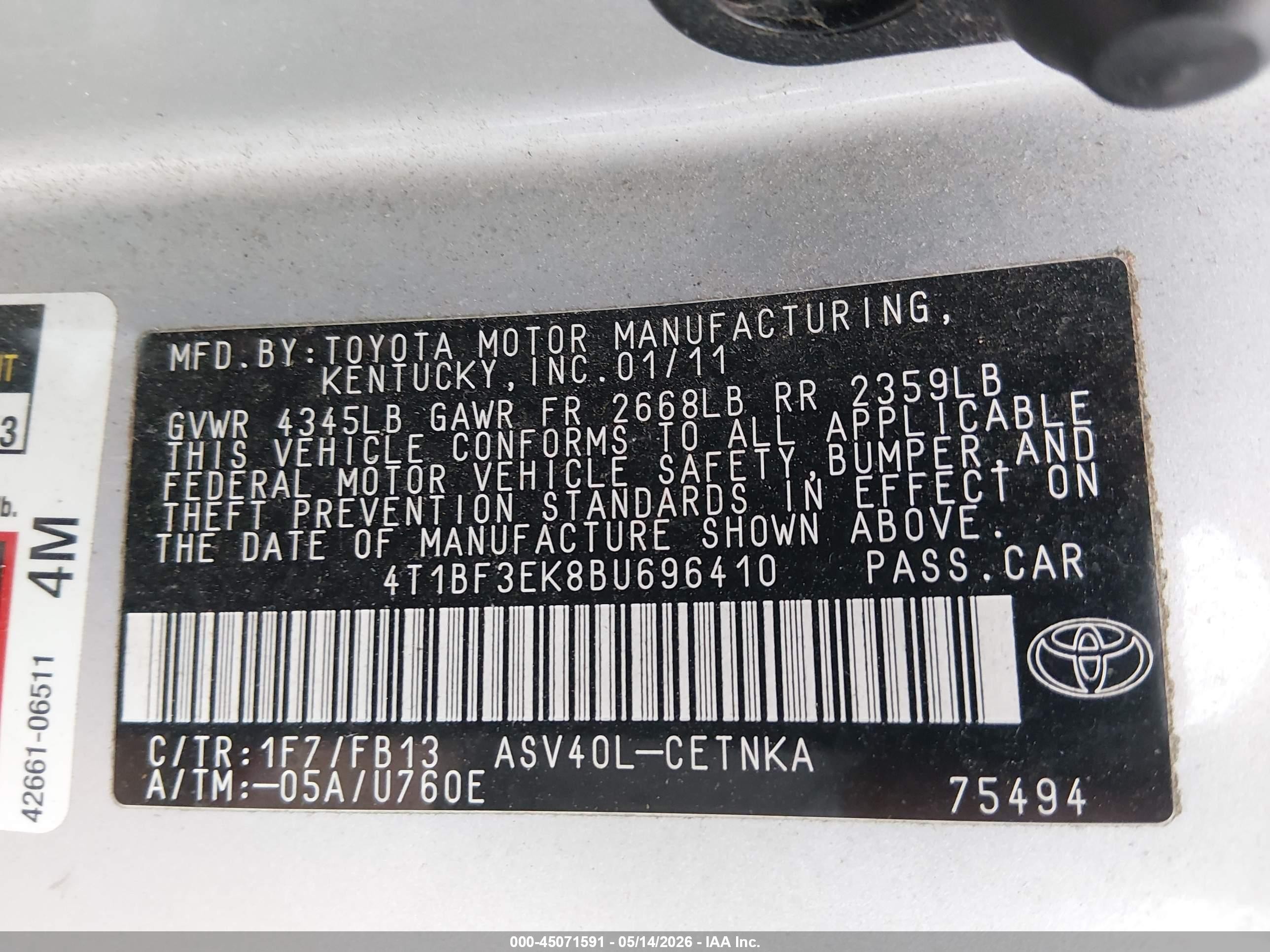 2011 Toyota Camry Le Silver vin: 4T1BF3EK8BU696410