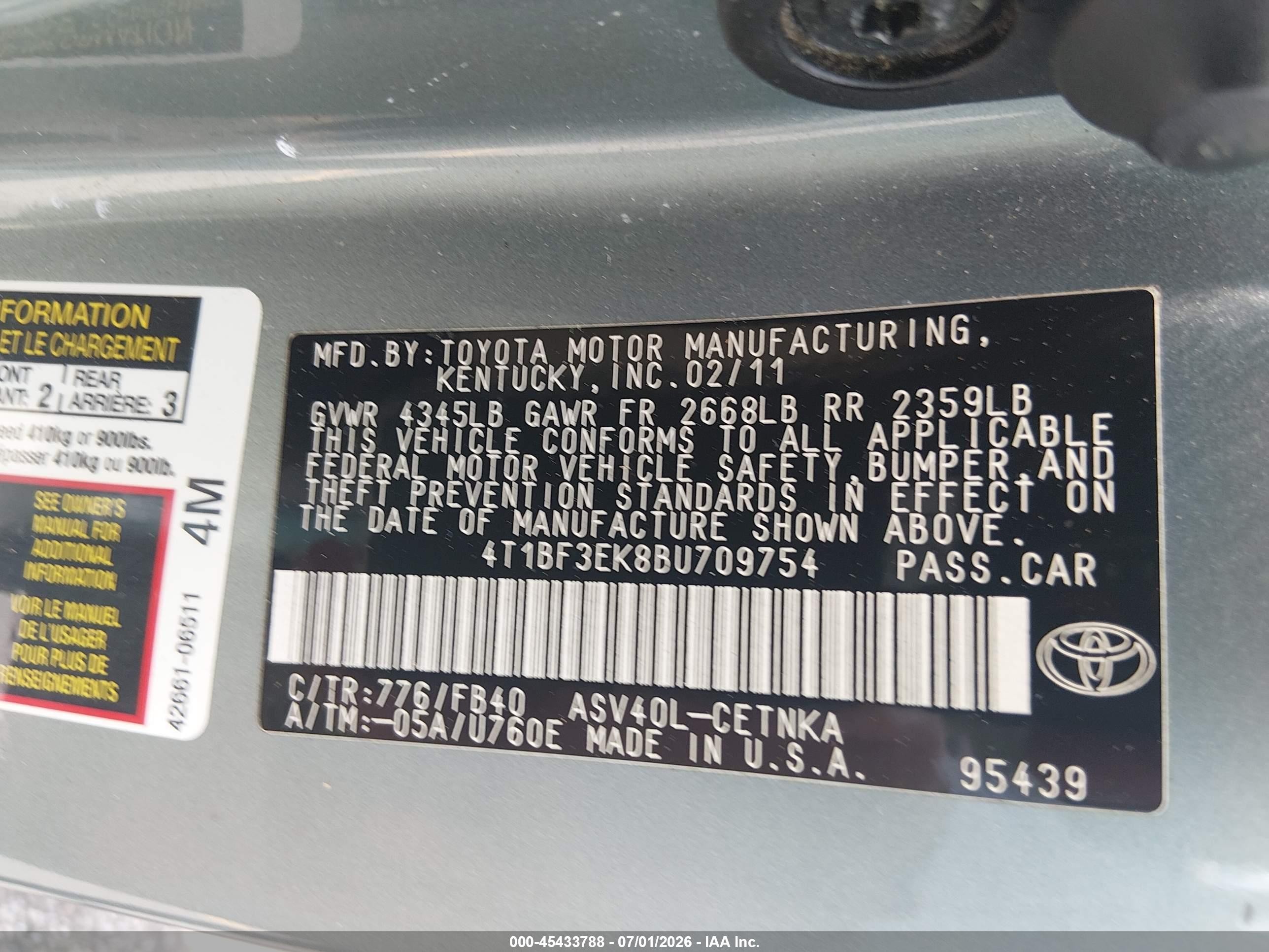 2011 Toyota Camry Le Green vin: 4T1BF3EK8BU709754
