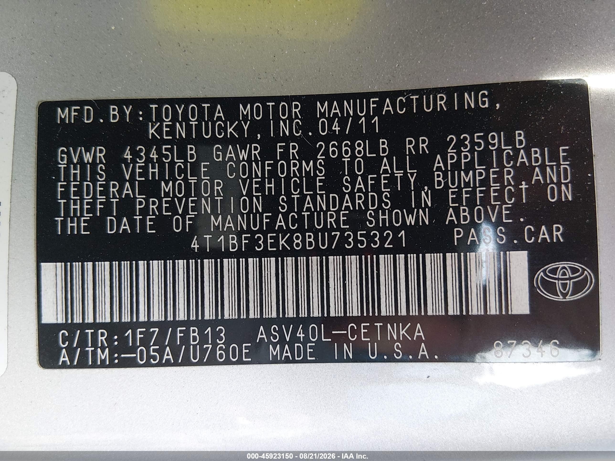 2011 Toyota Camry   Silver vin: 4T1BF3EK8BU735321