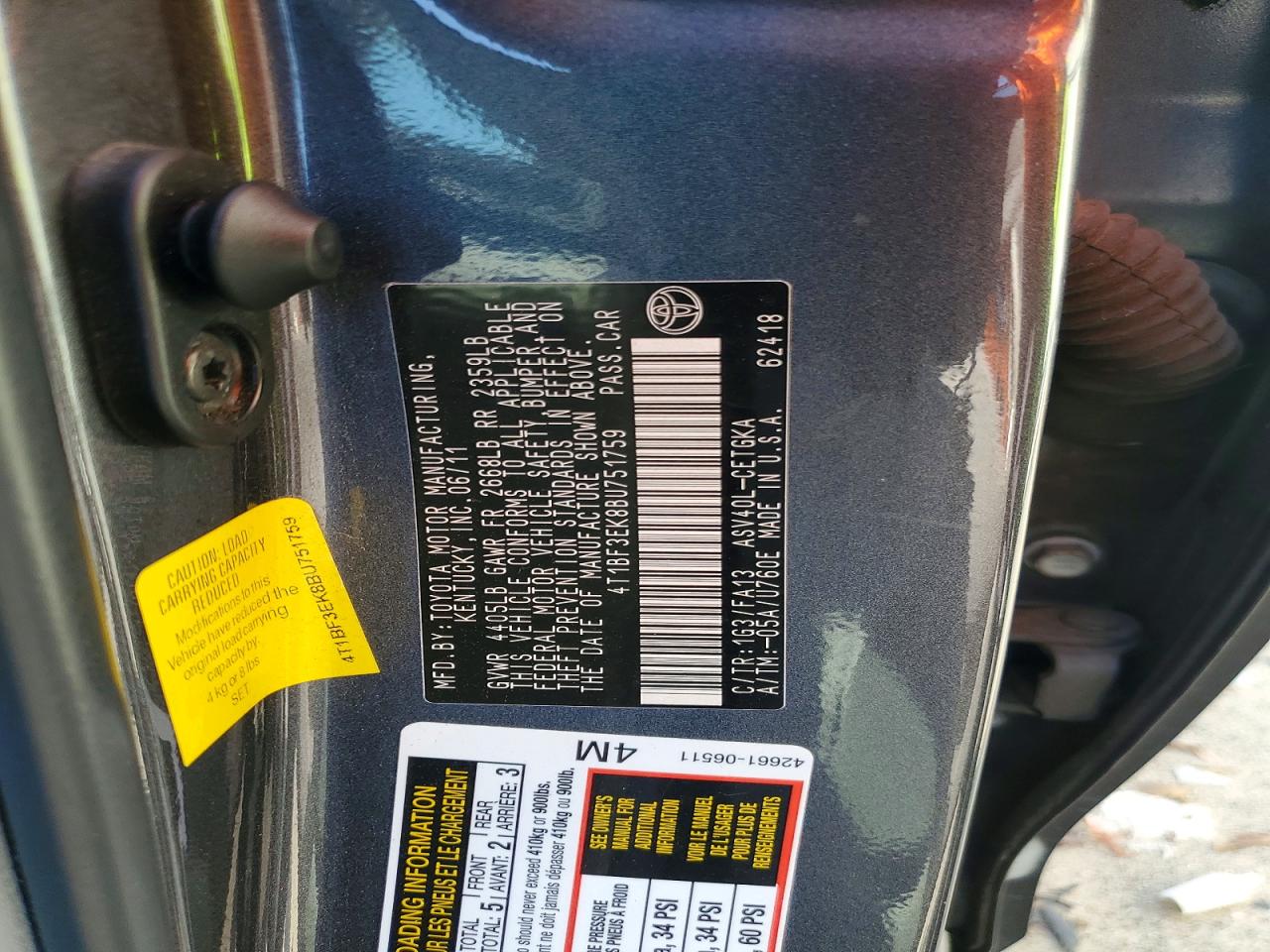 2011 Toyota Camry Xle Gray vin: 4T1BF3EK8BU751759