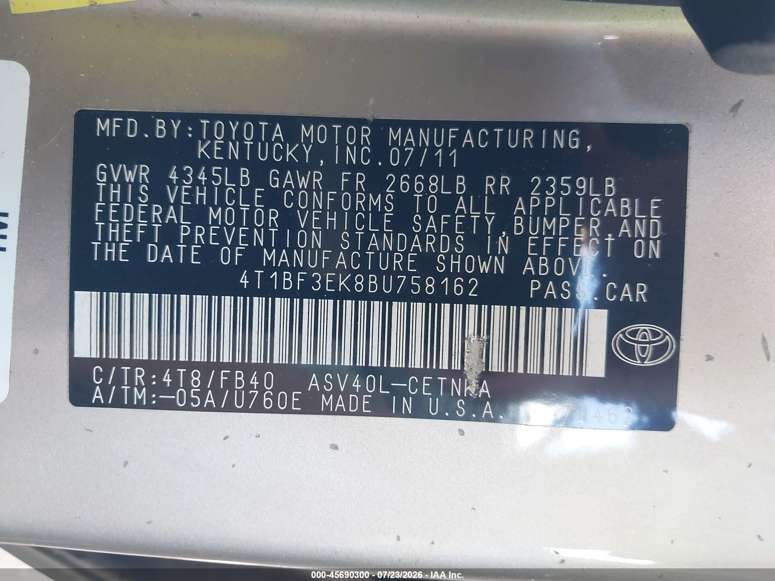2011 Toyota Camry Le Gold vin: 4T1BF3EK8BU758162