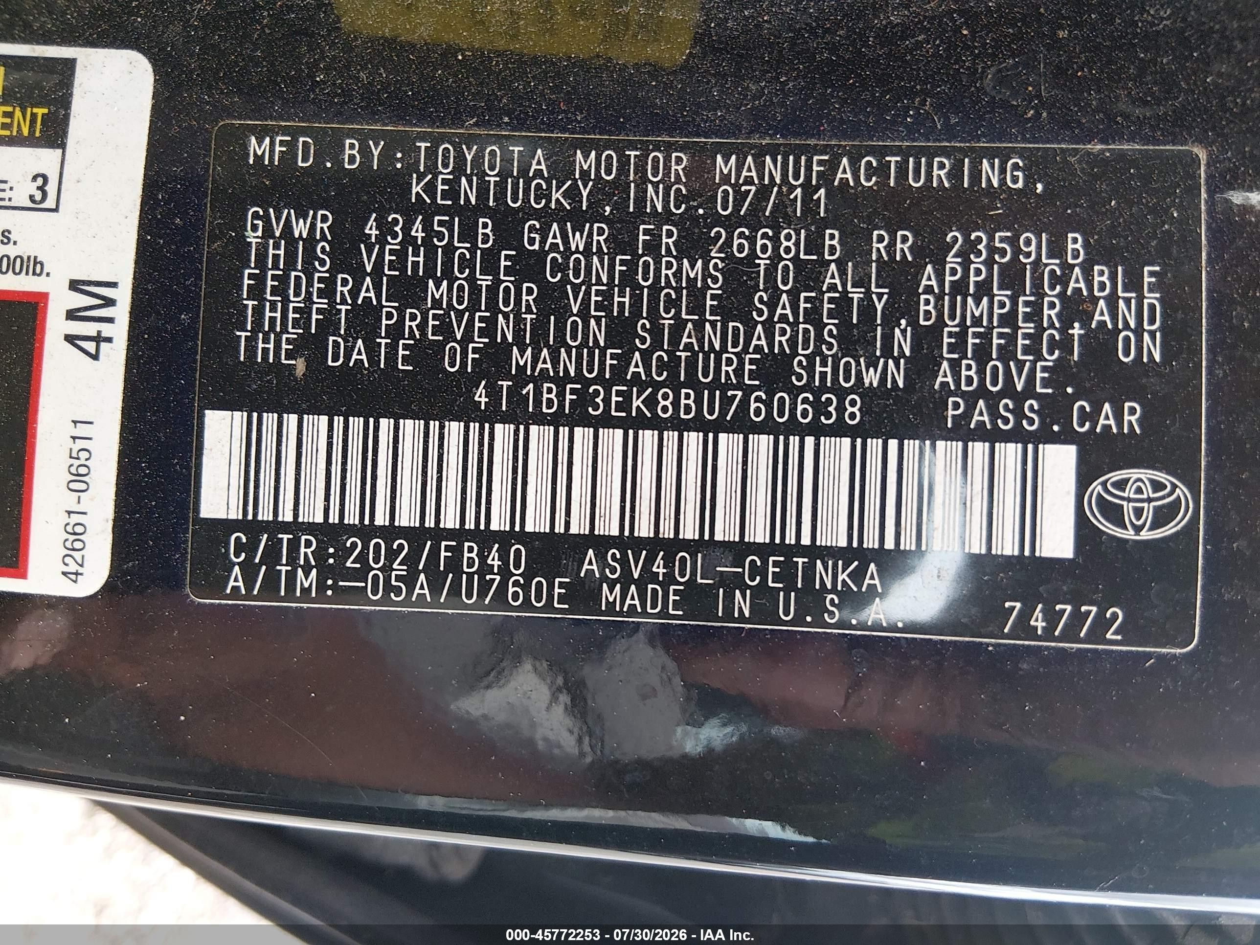 2011 Toyota Camry Le Black vin: 4T1BF3EK8BU760638