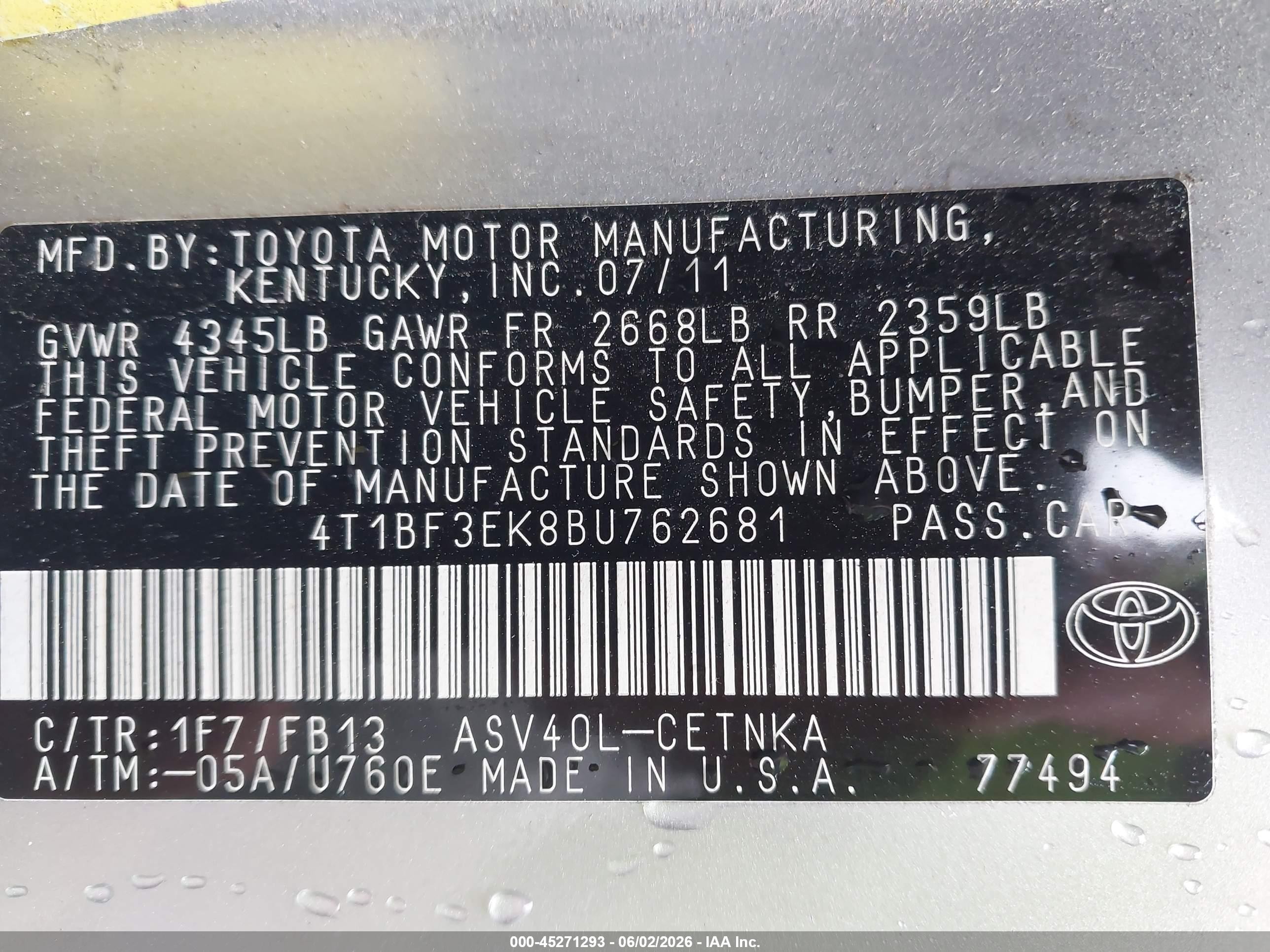 2011 Toyota Camry Le Silver vin: 4T1BF3EK8BU762681