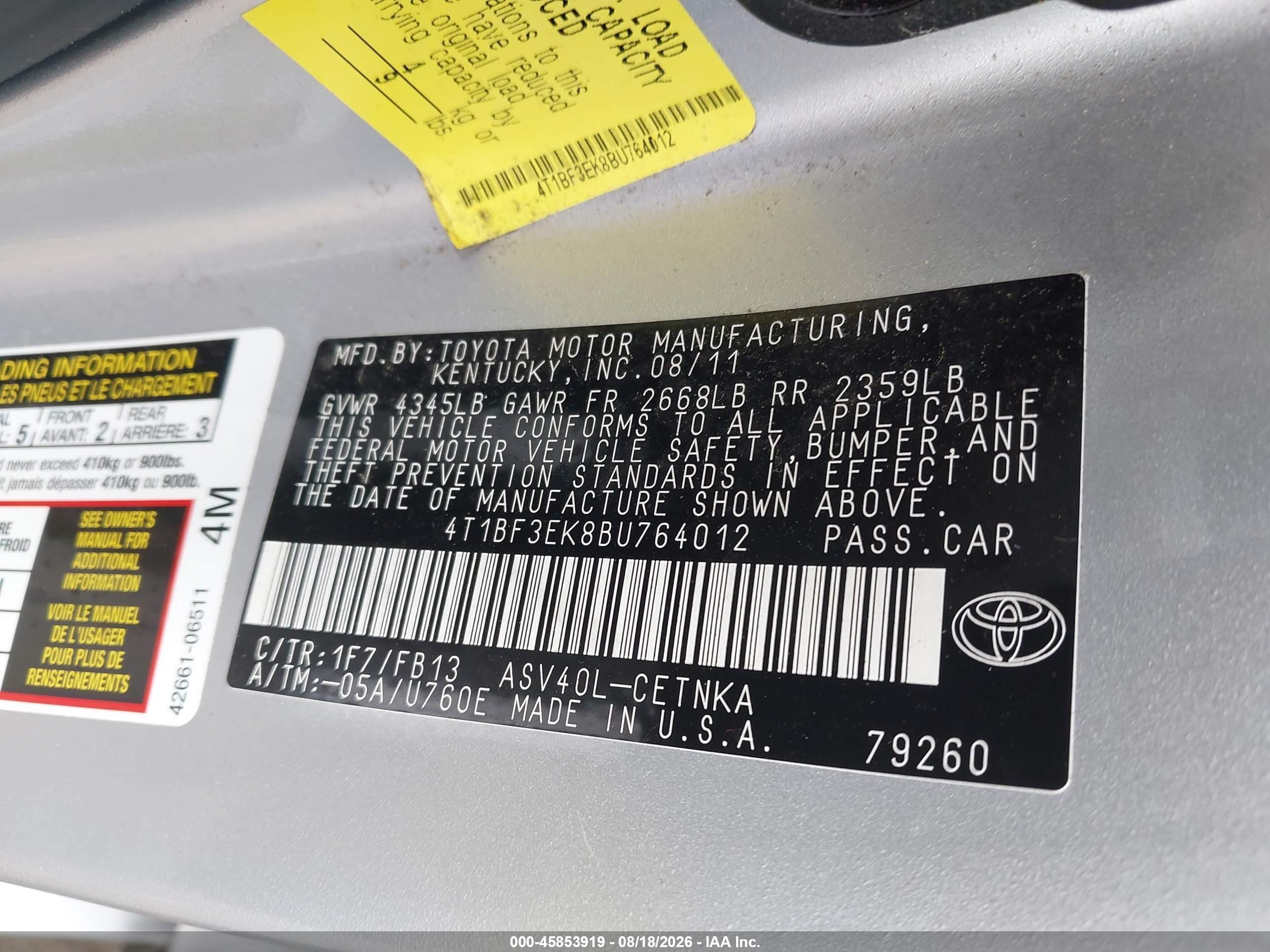 2011 Toyota Camry Le Silver vin: 4T1BF3EK8BU764012