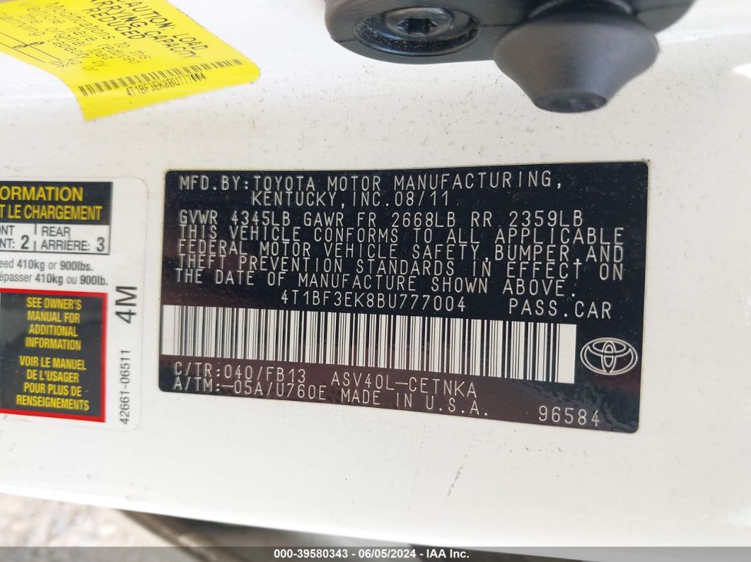 2011 Toyota Camry Le White vin: 4T1BF3EK8BU777004