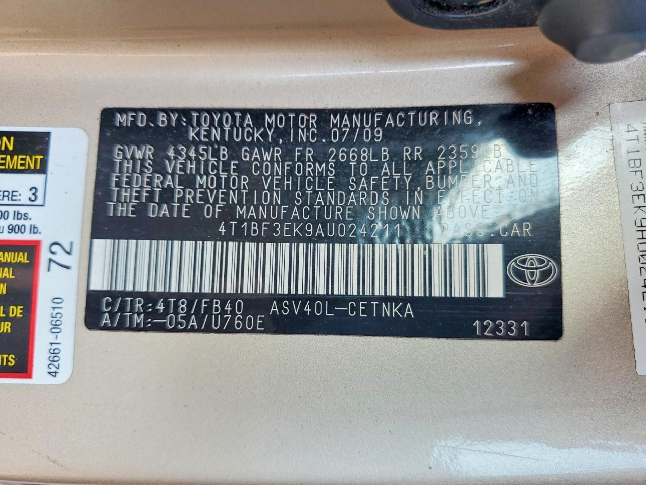 2010 Toyota Camry Le Золотой vin: 4T1BF3EK9AU024211