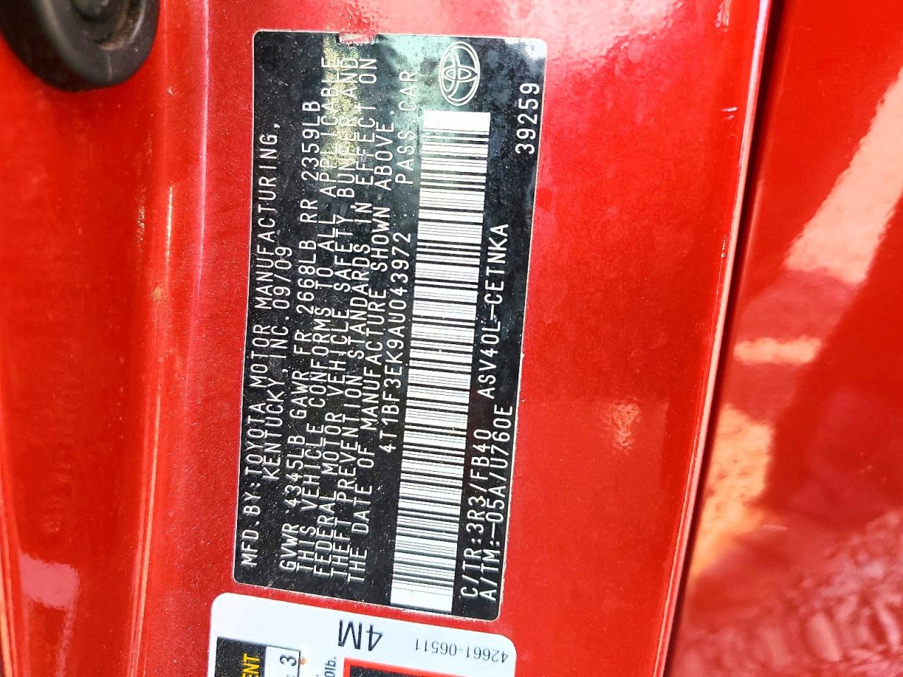 2010 Toyota Camry Le Red vin: 4T1BF3EK9AU043972
