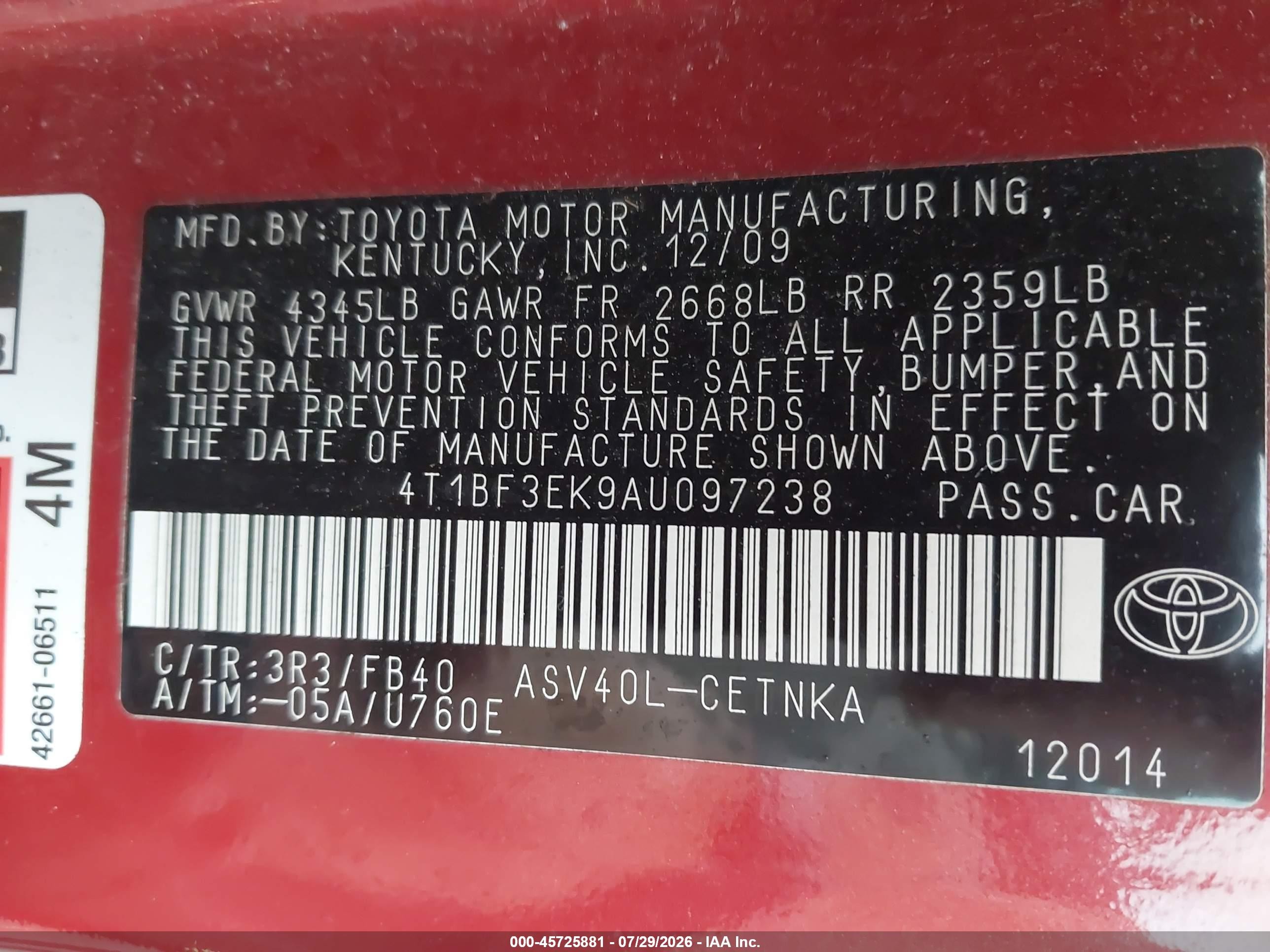 2010 Toyota Camry Le Red vin: 4T1BF3EK9AU097238