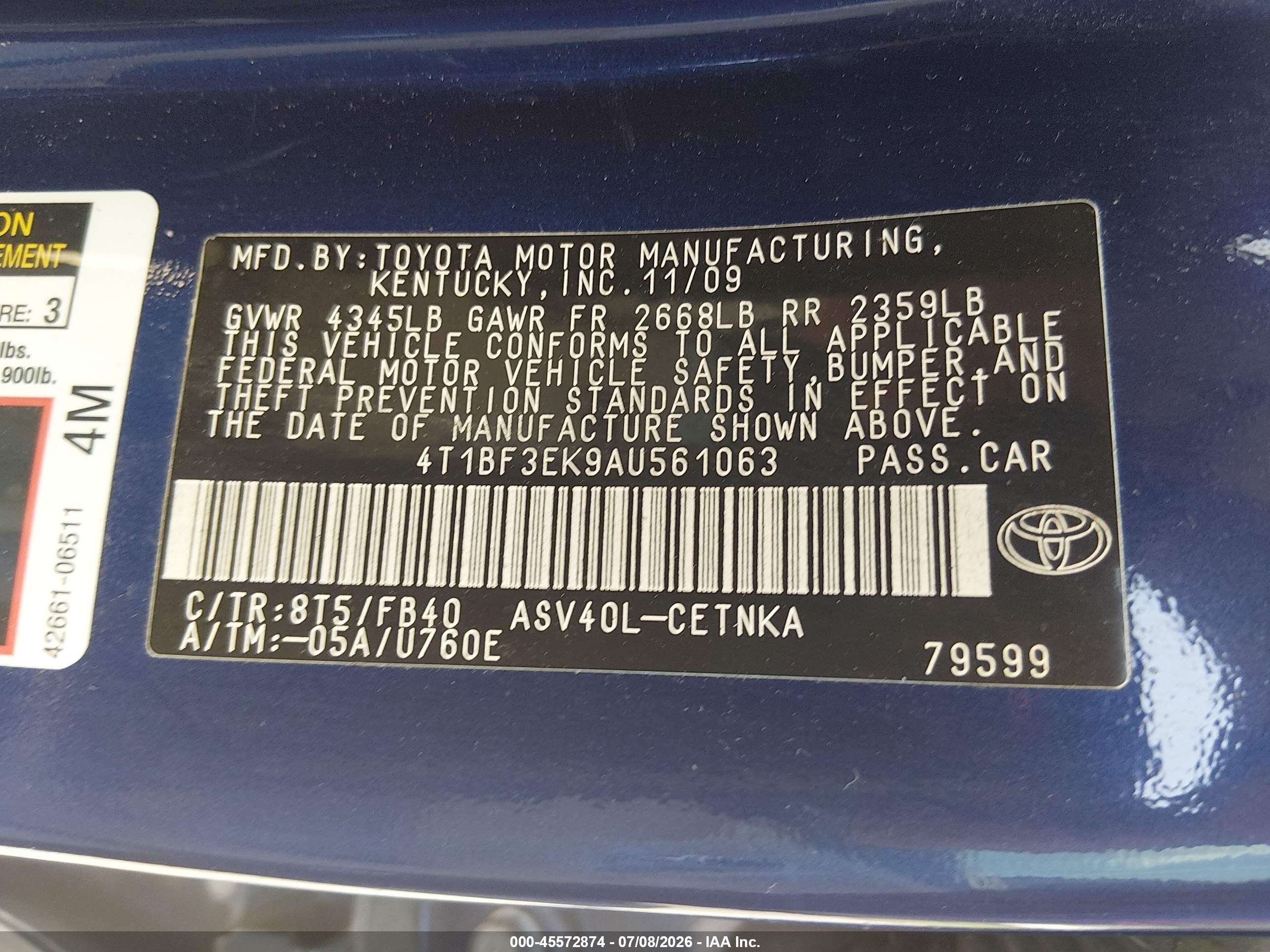 2010 Toyota Camry Le Blue vin: 4T1BF3EK9AU561063