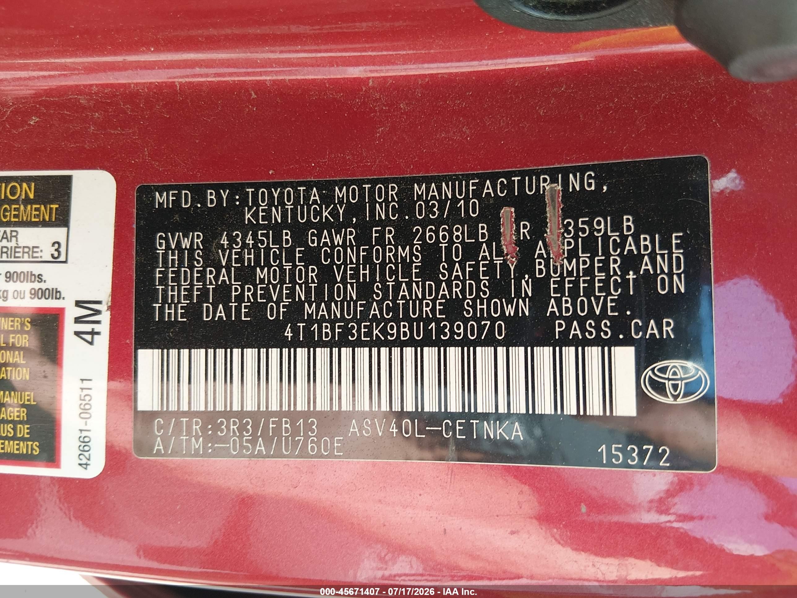 2011 Toyota Camry Le Red vin: 4T1BF3EK9BU139070