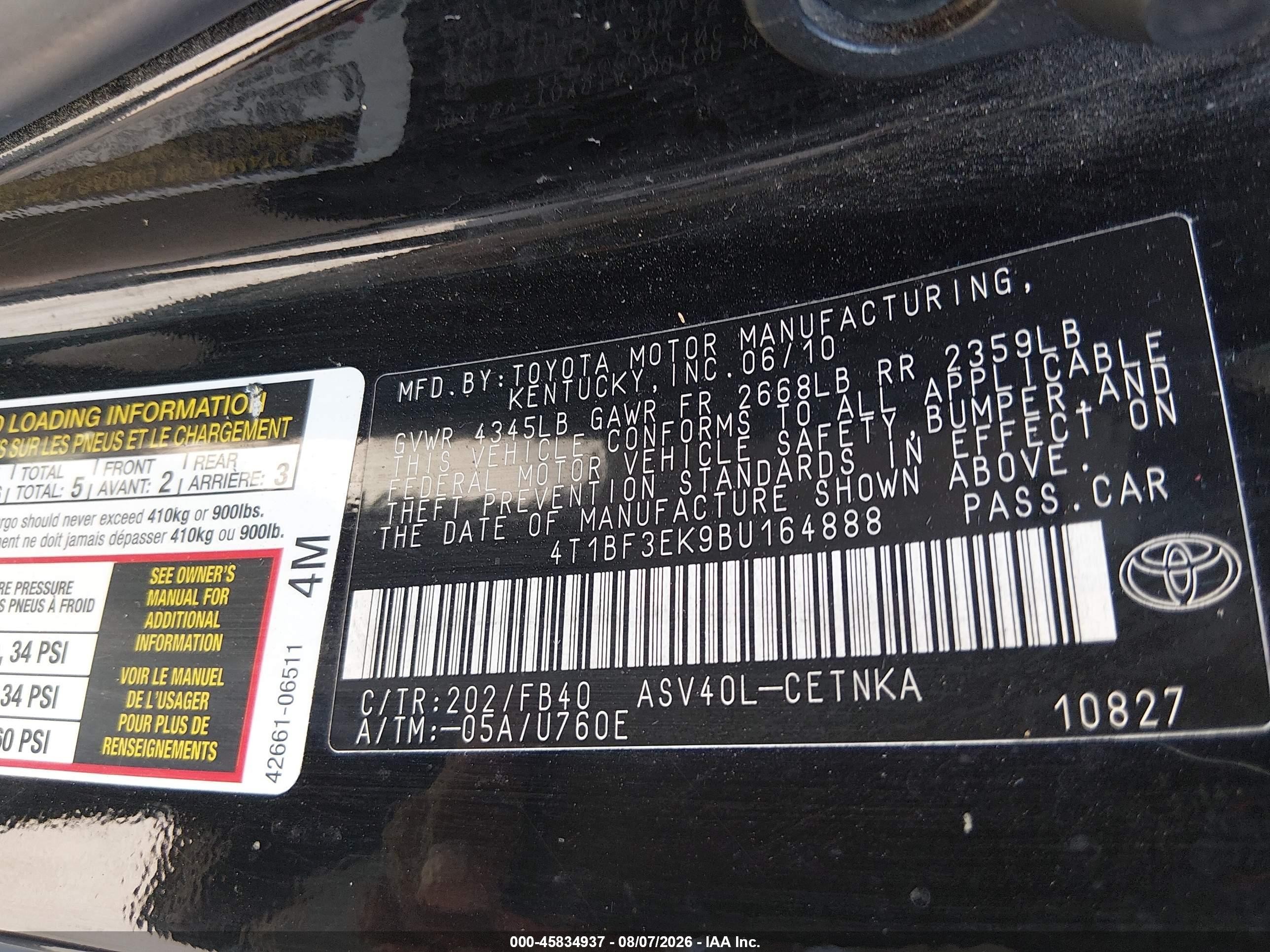 2011 Toyota Camry Le Black vin: 4T1BF3EK9BU164888