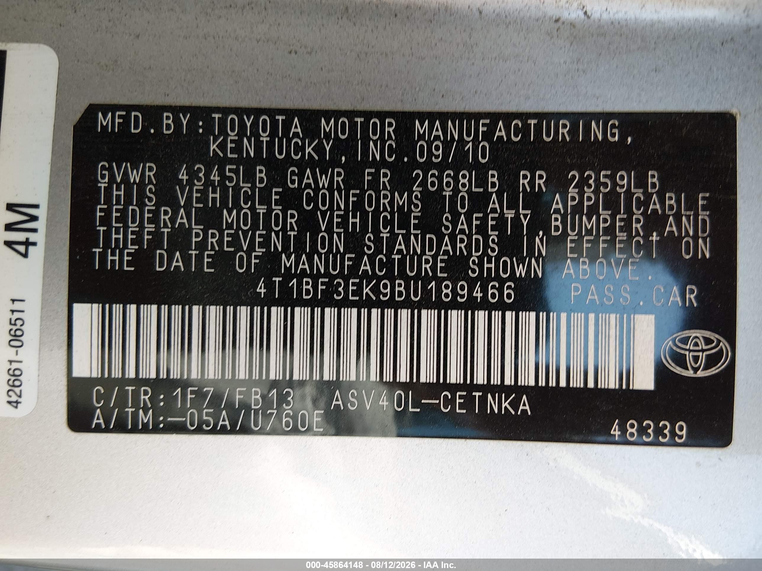 2011 Toyota Camry Le Gray vin: 4T1BF3EK9BU189466