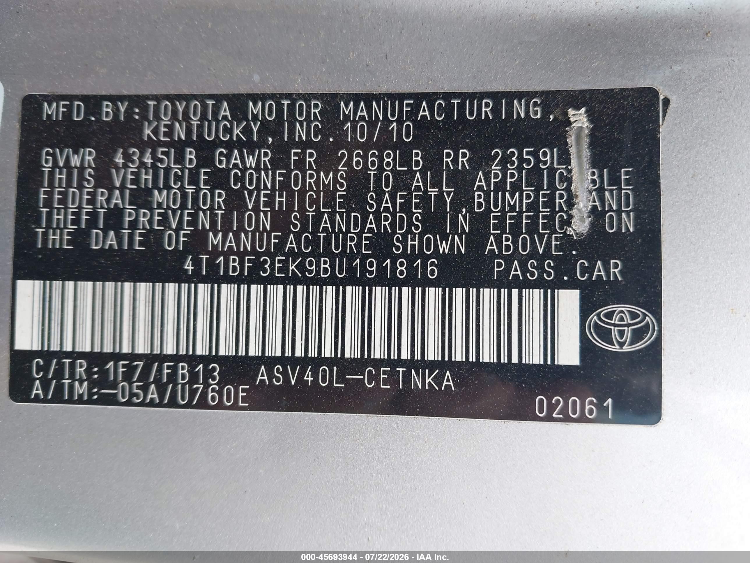2011 Toyota Camry Le Silver vin: 4T1BF3EK9BU191816
