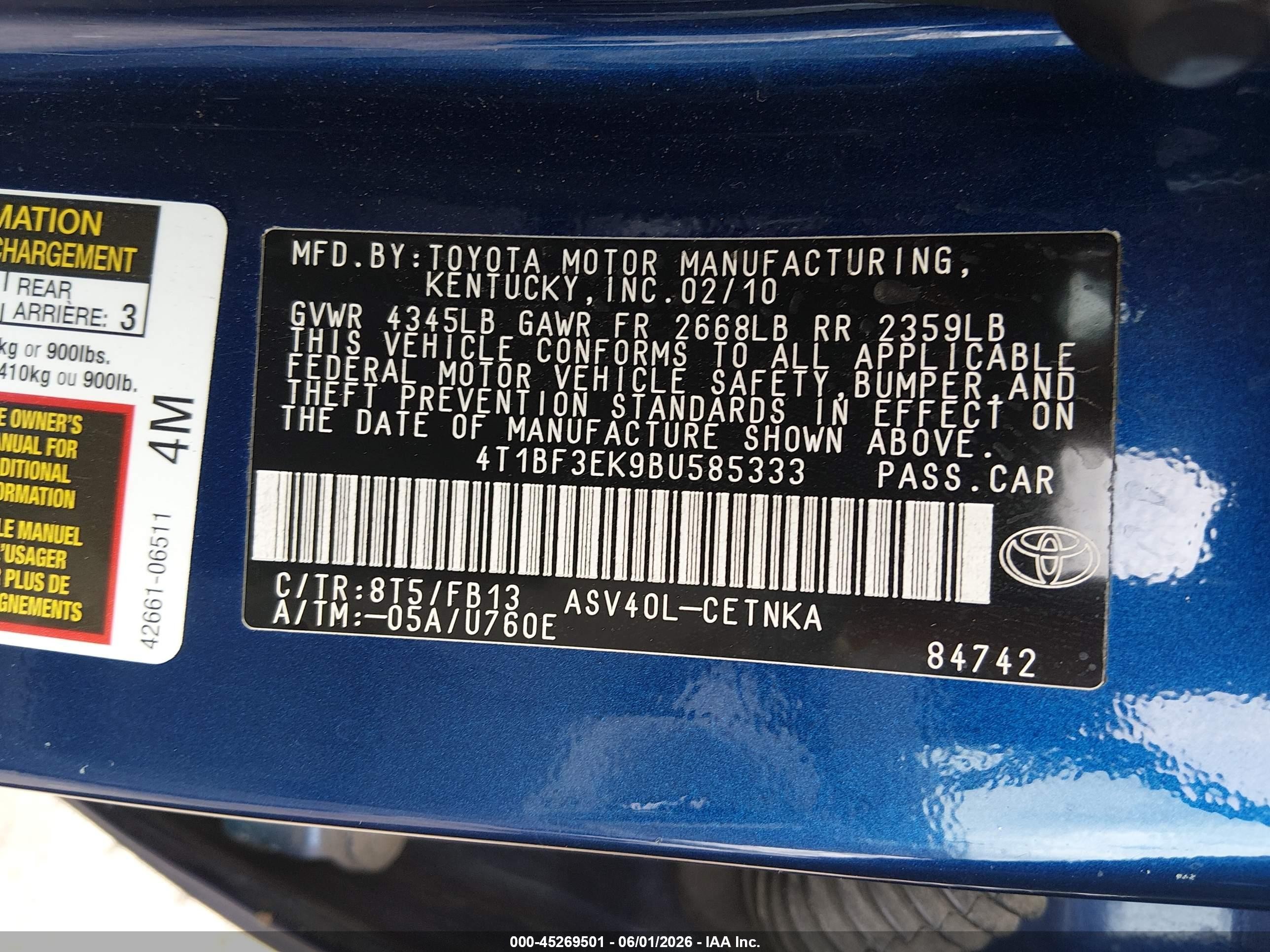 2011 Toyota Camry Le Blue vin: 4T1BF3EK9BU585333