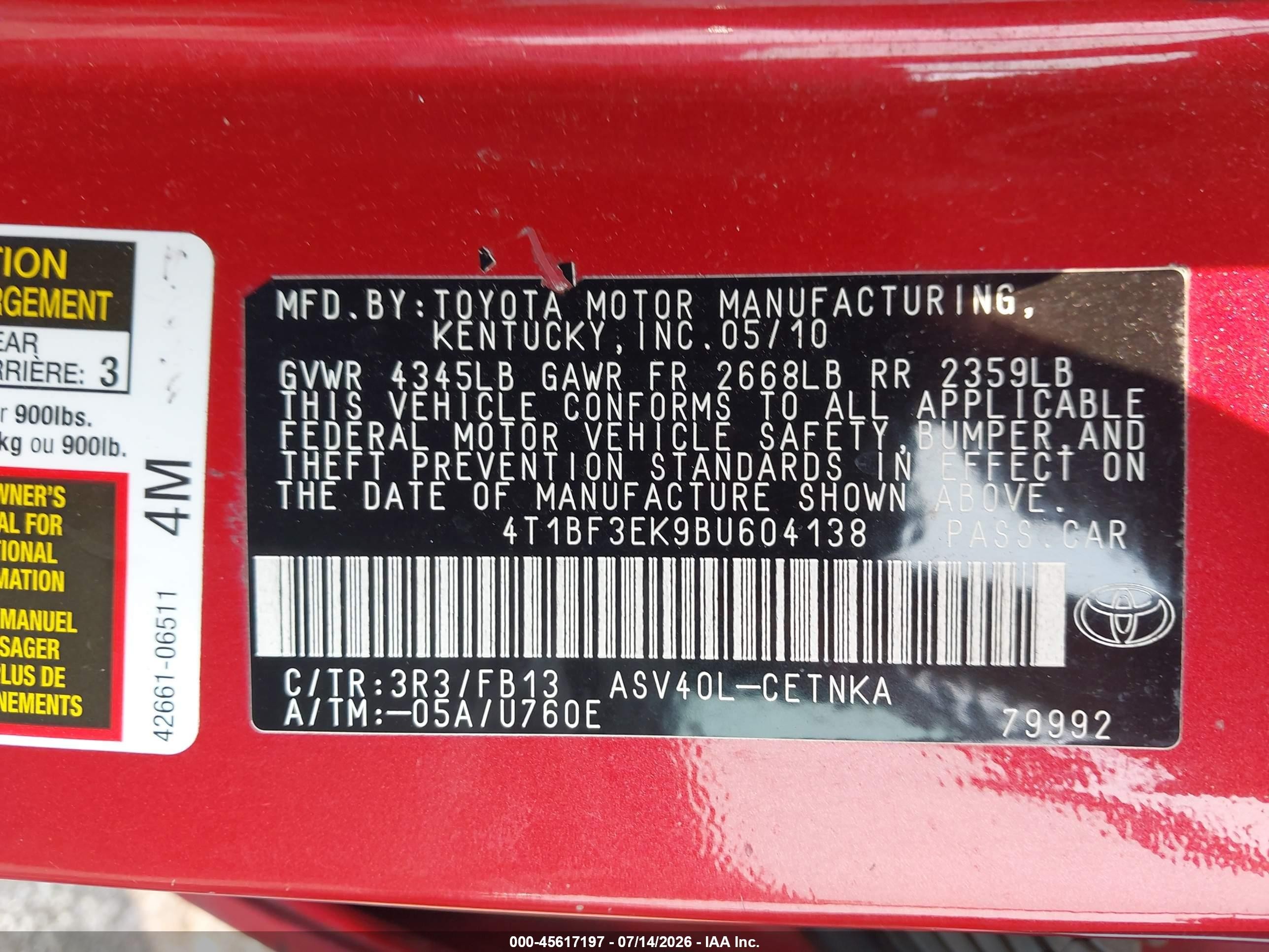 2011 Toyota Camry Le Red vin: 4T1BF3EK9BU604138