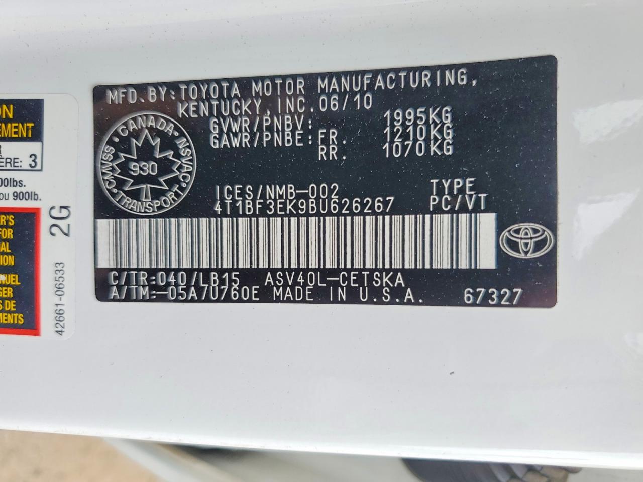 2011 Toyota Camry Base White vin: 4T1BF3EK9BU626267