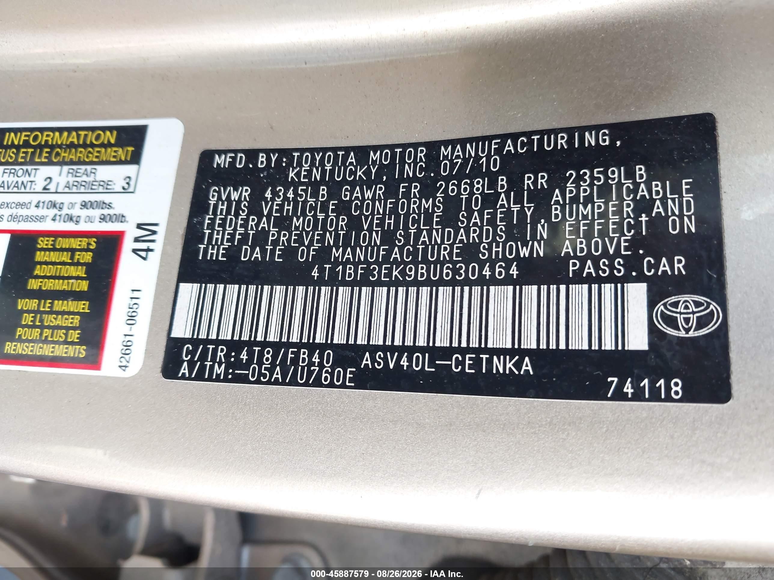 2011 Toyota Camry Le Gold vin: 4T1BF3EK9BU630464