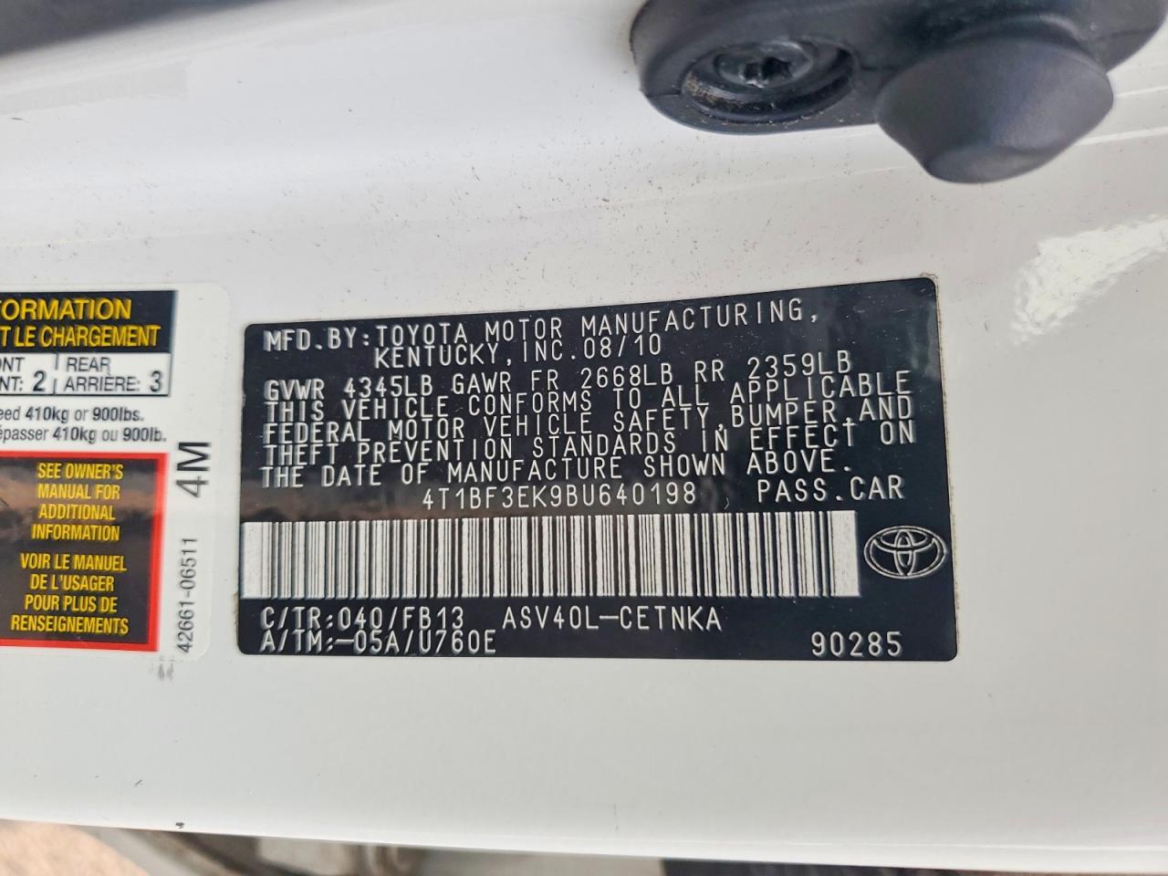 2011 Toyota Camry Le White vin: 4T1BF3EK9BU640198
