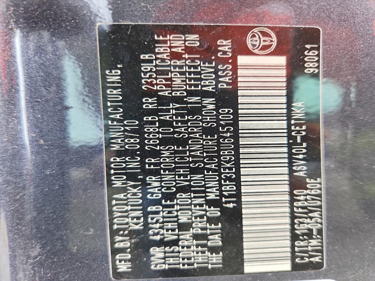 2011 Toyota Camry Le Угольный vin: 4T1BF3EK9BU645109
