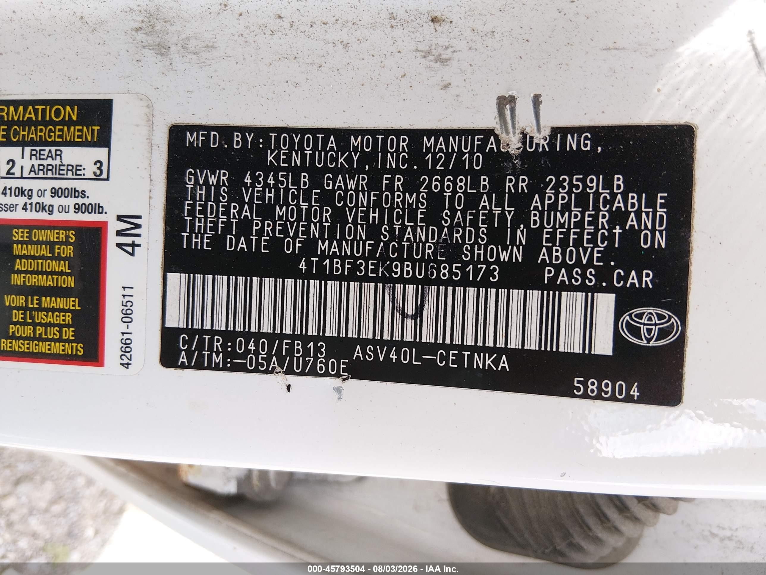 2011 Toyota Camry Le White vin: 4T1BF3EK9BU685173