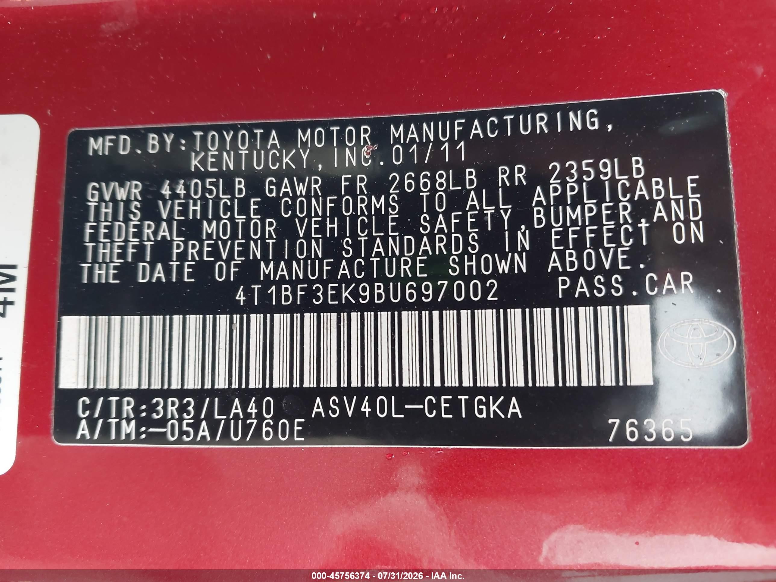2011 Toyota Camry Xle Red vin: 4T1BF3EK9BU697002