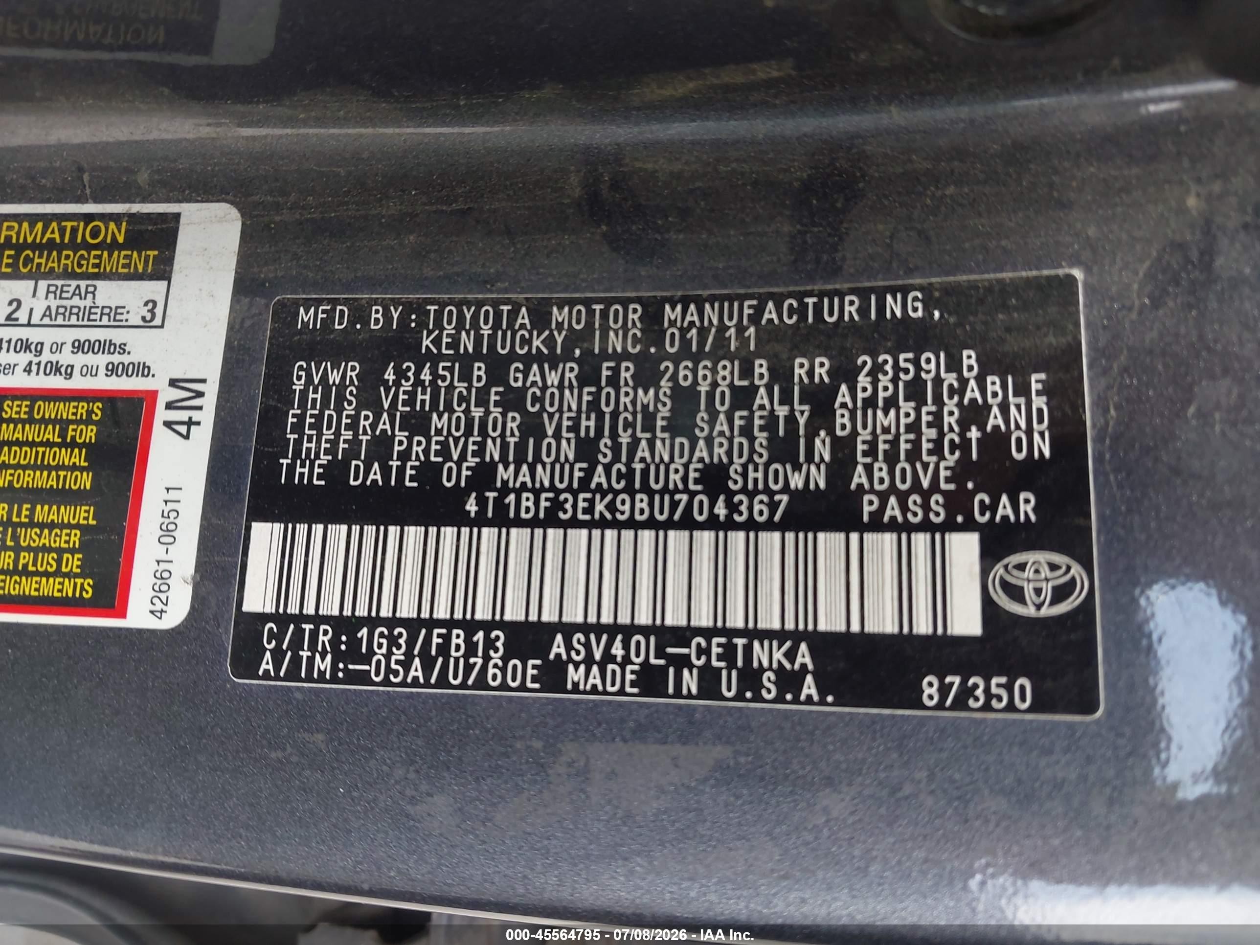 2011 Toyota Camry Le Серый vin: 4T1BF3EK9BU704367
