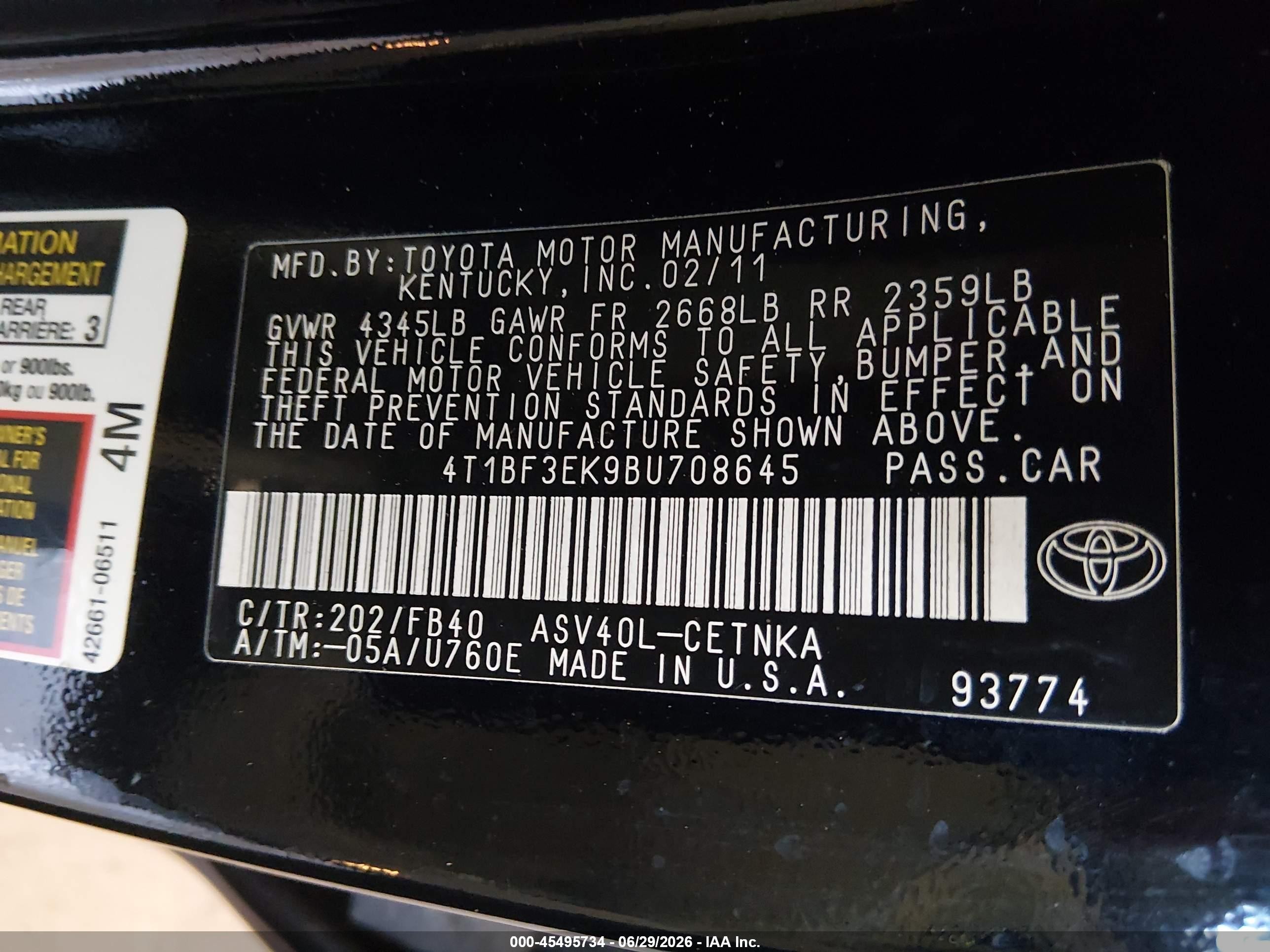 2011 Toyota Camry   Black vin: 4T1BF3EK9BU708645
